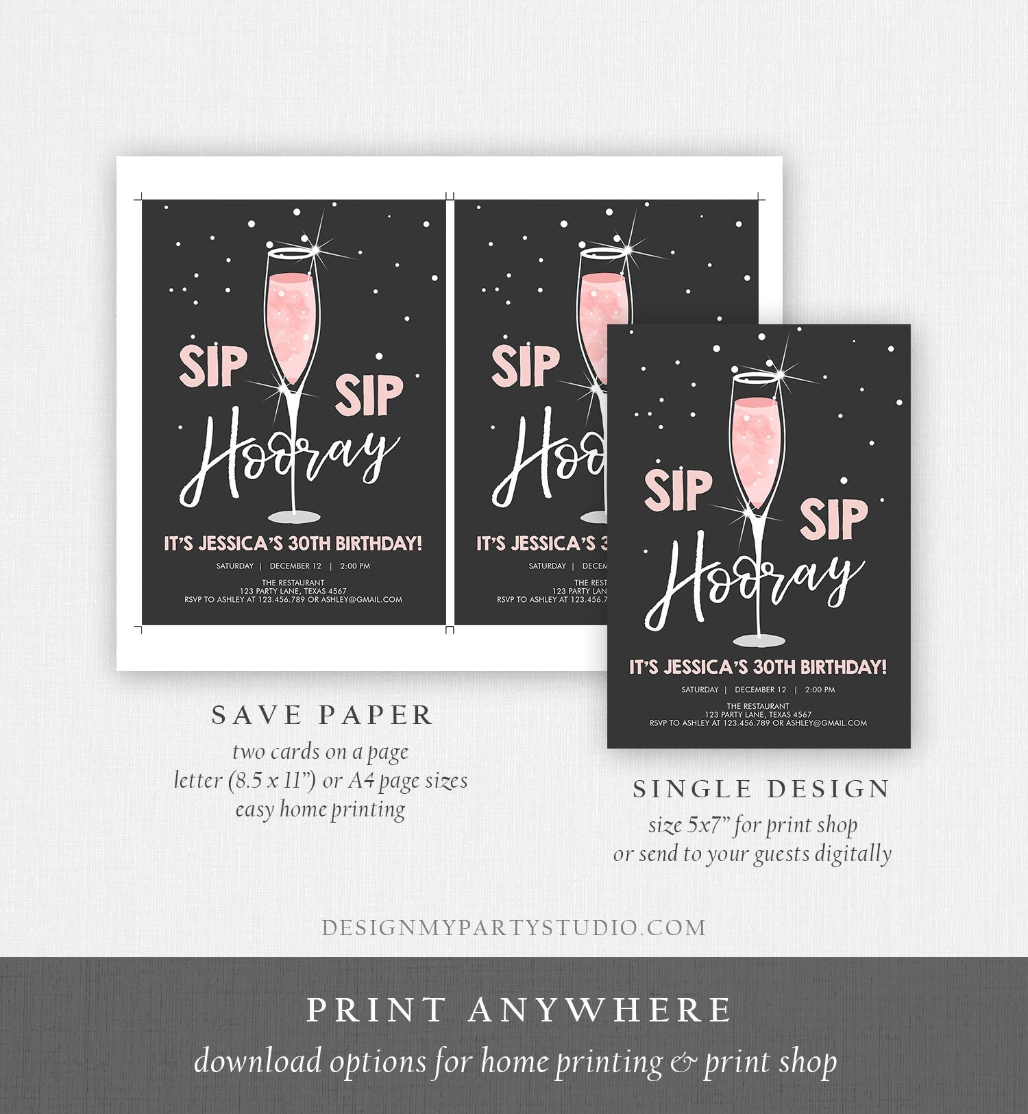 Editable Sip Sip Hooray Birthday Invitation Adult Surprise Party Rustic Chalk 30th Champagne Brunch and Bubbly Printable Corjl Template 0252