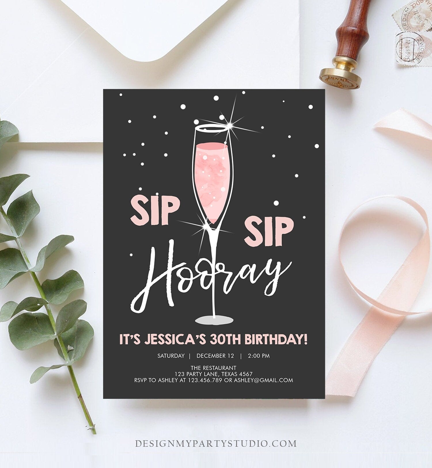 Editable Sip Sip Hooray Birthday Invitation Adult Surprise Party Rustic Chalk 30th Champagne Brunch and Bubbly Printable Corjl Template 0252