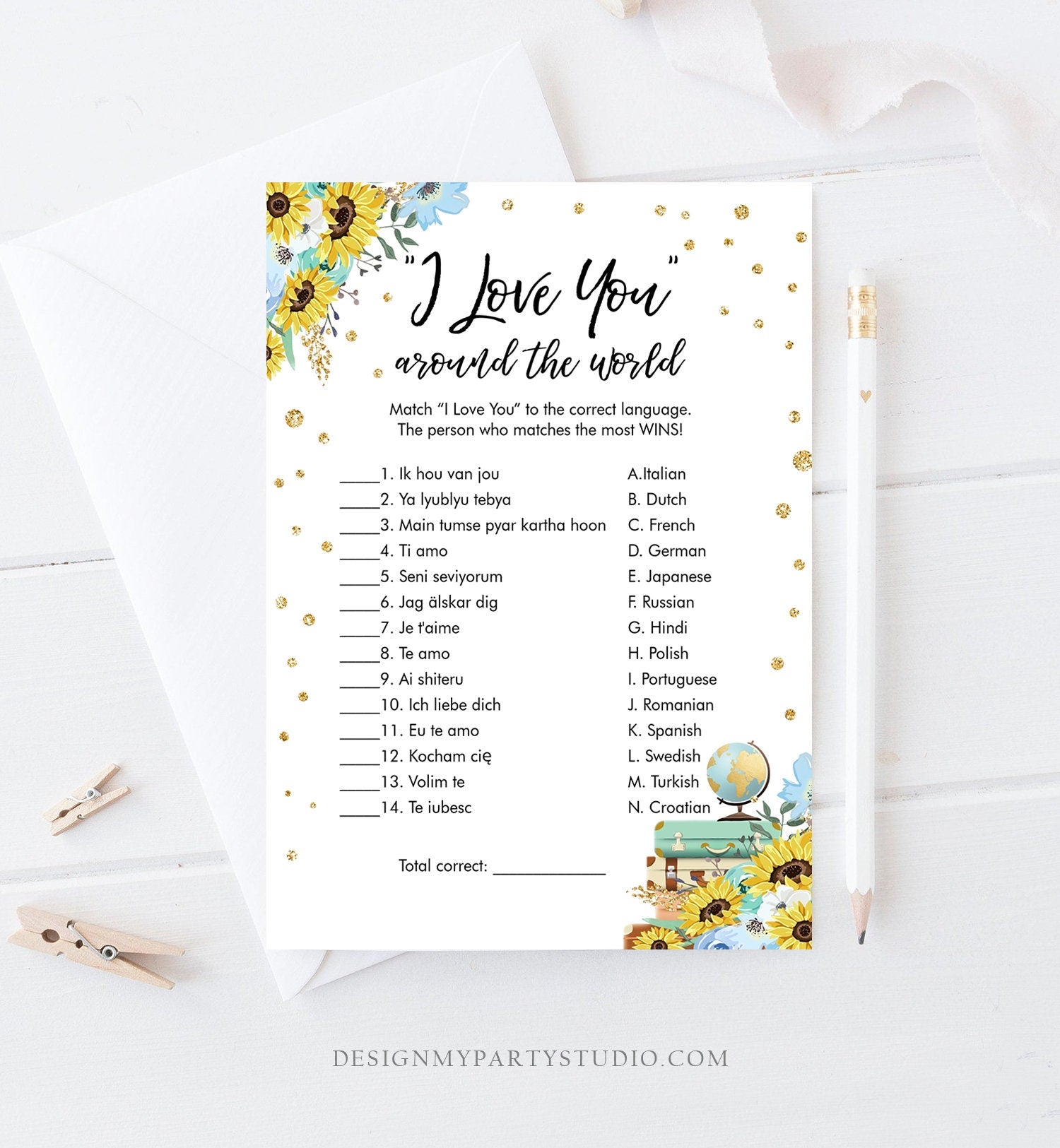 Editable Travel Bridal Shower Game I Love You Around the World Sunflowers Wedding Shower Activity Floral Corjl Template Printable 0030