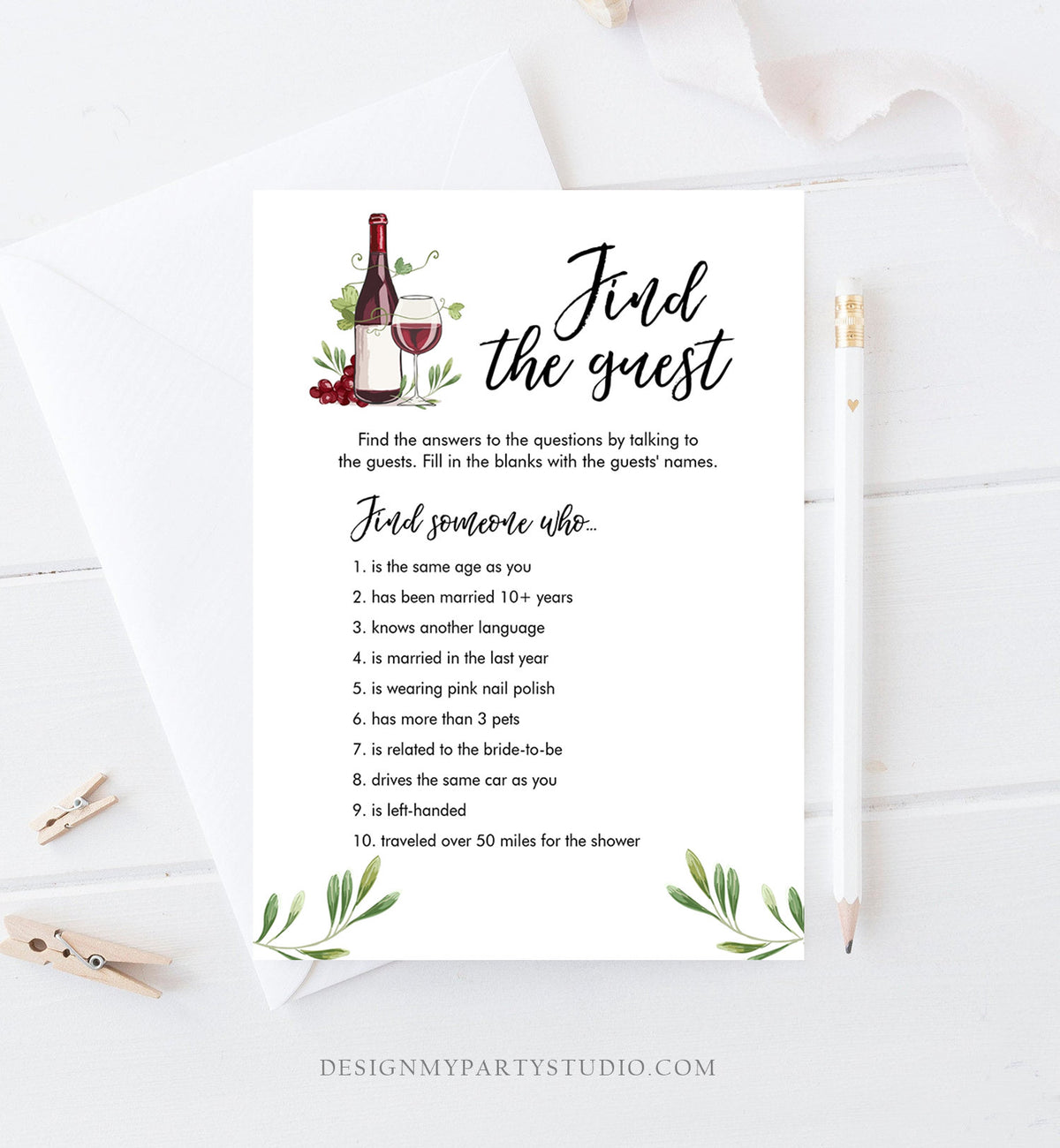 Editable Find the Guest Bridal Shower Game Wine Tasting Vineyard Grapes Wedding Shower Activity Download Corjl Template Printable 0234