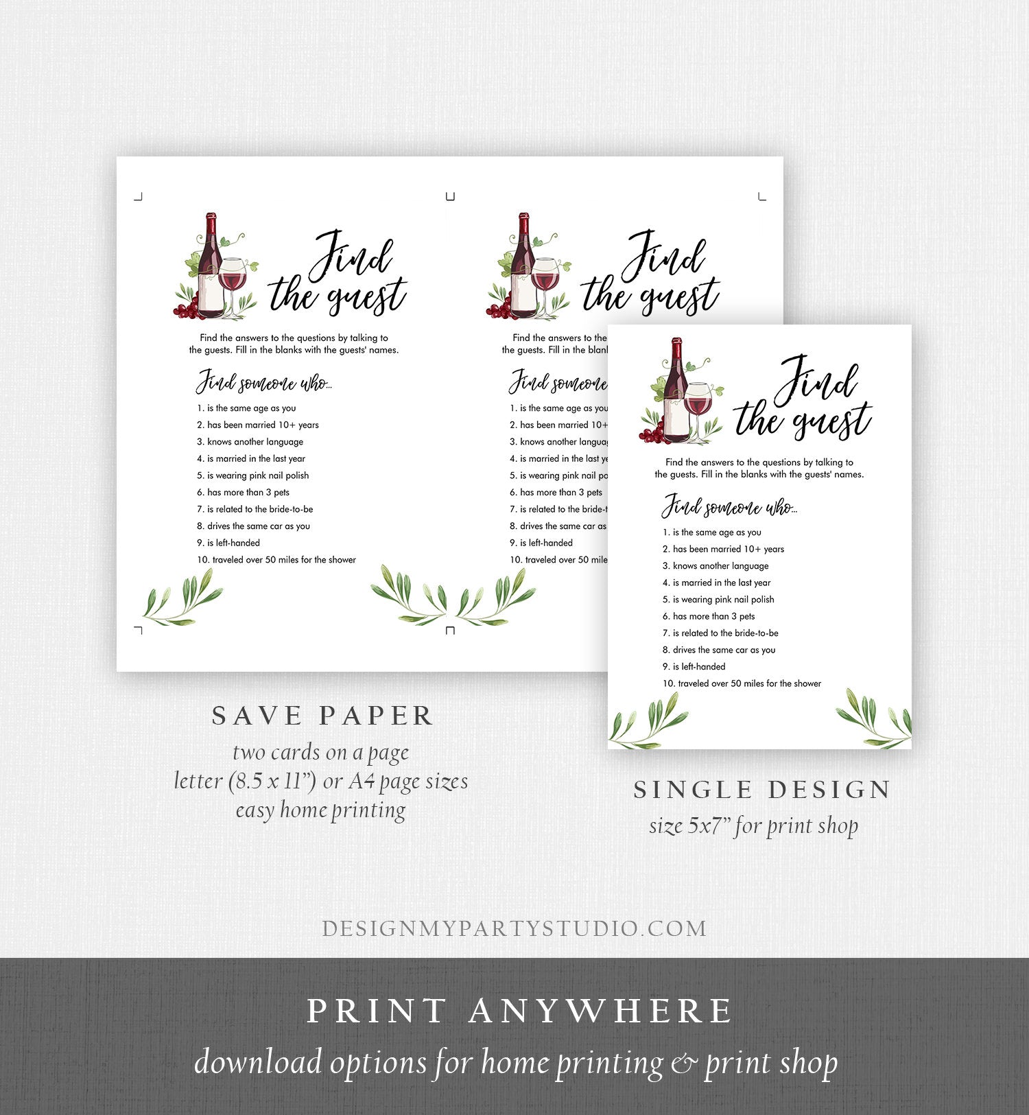 Editable Find the Guest Bridal Shower Game Wine Tasting Vineyard Grapes Wedding Shower Activity Download Corjl Template Printable 0234