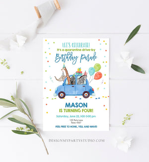 Editable Drive By Birthday Parade Invitation Virtual Party Invite Honk Wave Car Boy Blue Party Animals Safari Download Digital Corjl 0333