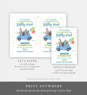 Editable Drive By Birthday Parade Invitation Virtual Party Invite Honk Wave Car Boy Blue Party Animals Safari Download Digital Corjl 0333