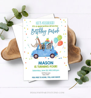 Editable Drive By Birthday Parade Invitation Virtual Party Invite Honk Wave Car Boy Blue Party Animals Safari Download Digital Corjl 0333