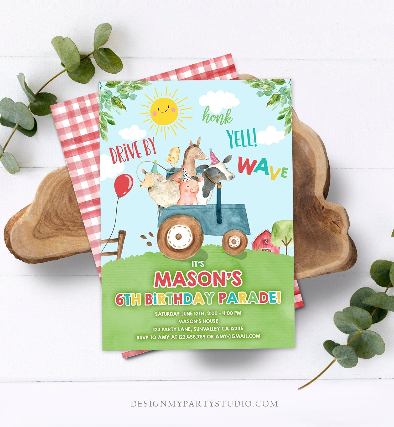 Editable Drive By Birthday Parade Invitation Farm Animals Virtual Party Invite Honk Wave Car Boy Blue Party Animals Digital Corjl 0155