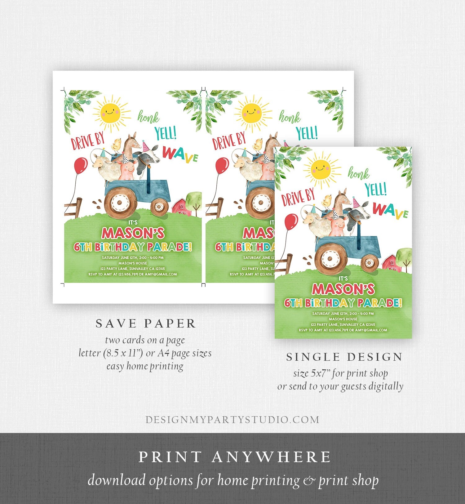 Editable Drive By Birthday Parade Invitation Farm Animals Virtual Party Invite Honk Wave Car Boy Blue Party Animals Digital Corjl 0155