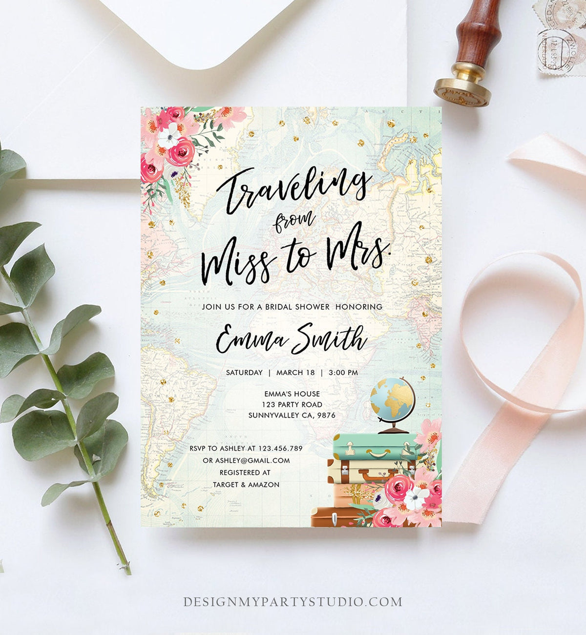 Editable Miss to Mrs Travel Bridal Shower Invitation Flowers Globe Suitcase Gold Confetti Traveling Download Printable Corjl Template 0030