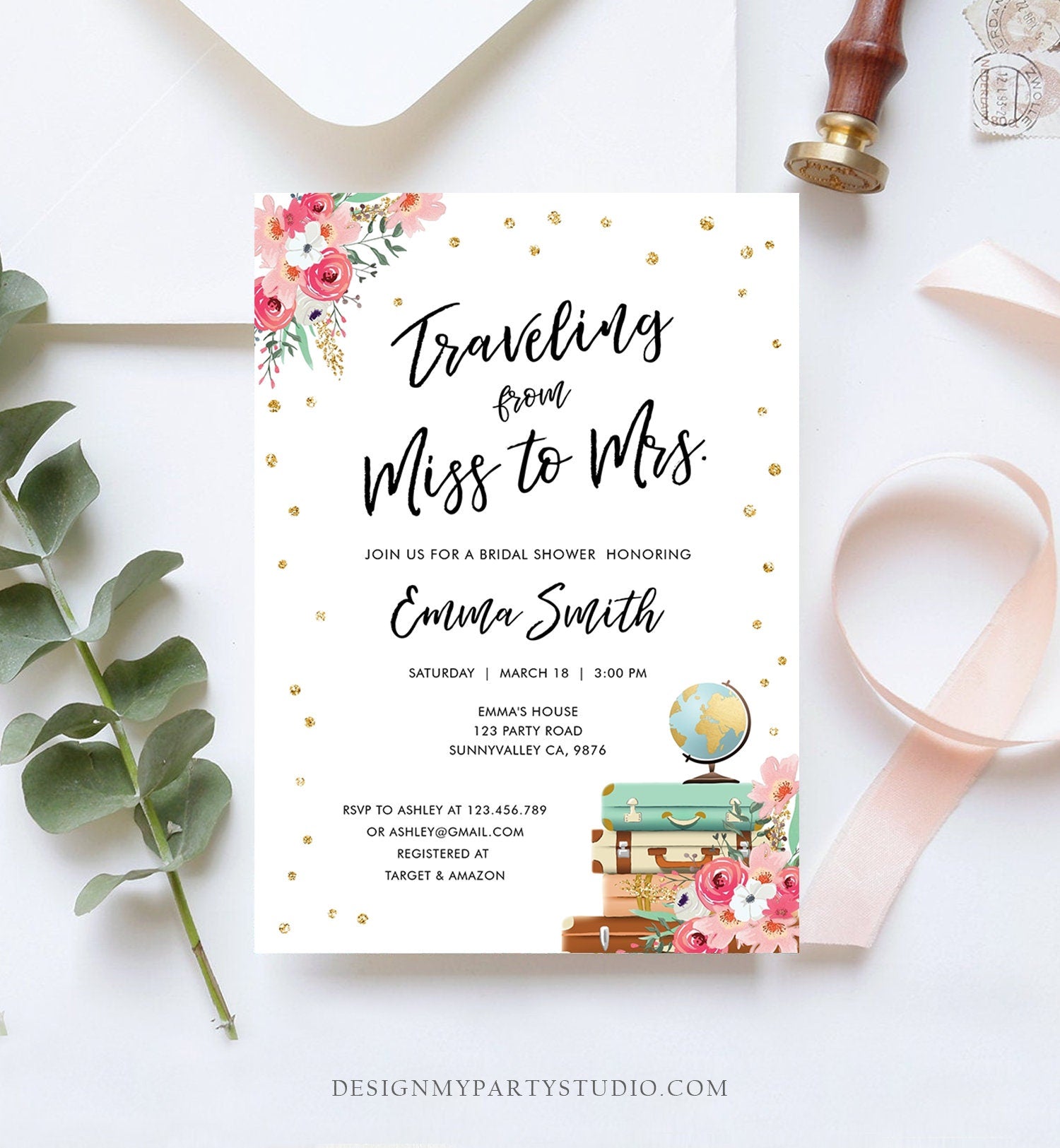 Editable Miss to Mrs Travel Bridal Shower Invitation Flowers Globe Suitcase Gold Confetti Traveling Download Printable Corjl Template 0030