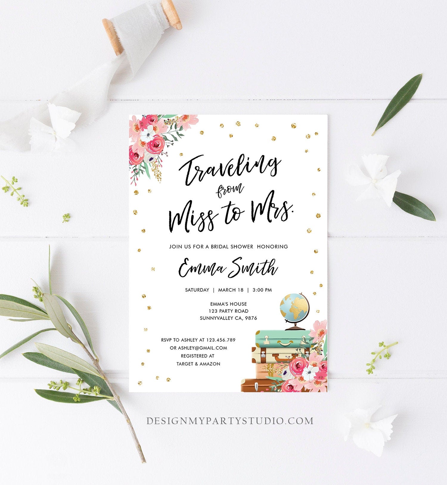 Editable Miss to Mrs Travel Bridal Shower Invitation Flowers Globe Suitcase Gold Confetti Traveling Download Printable Corjl Template 0030