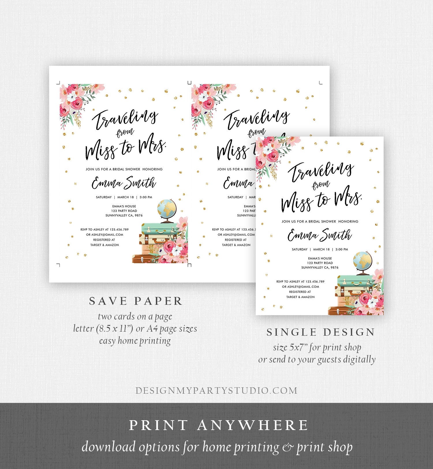 Editable Miss to Mrs Travel Bridal Shower Invitation Flowers Globe Suitcase Gold Confetti Traveling Download Printable Corjl Template 0030