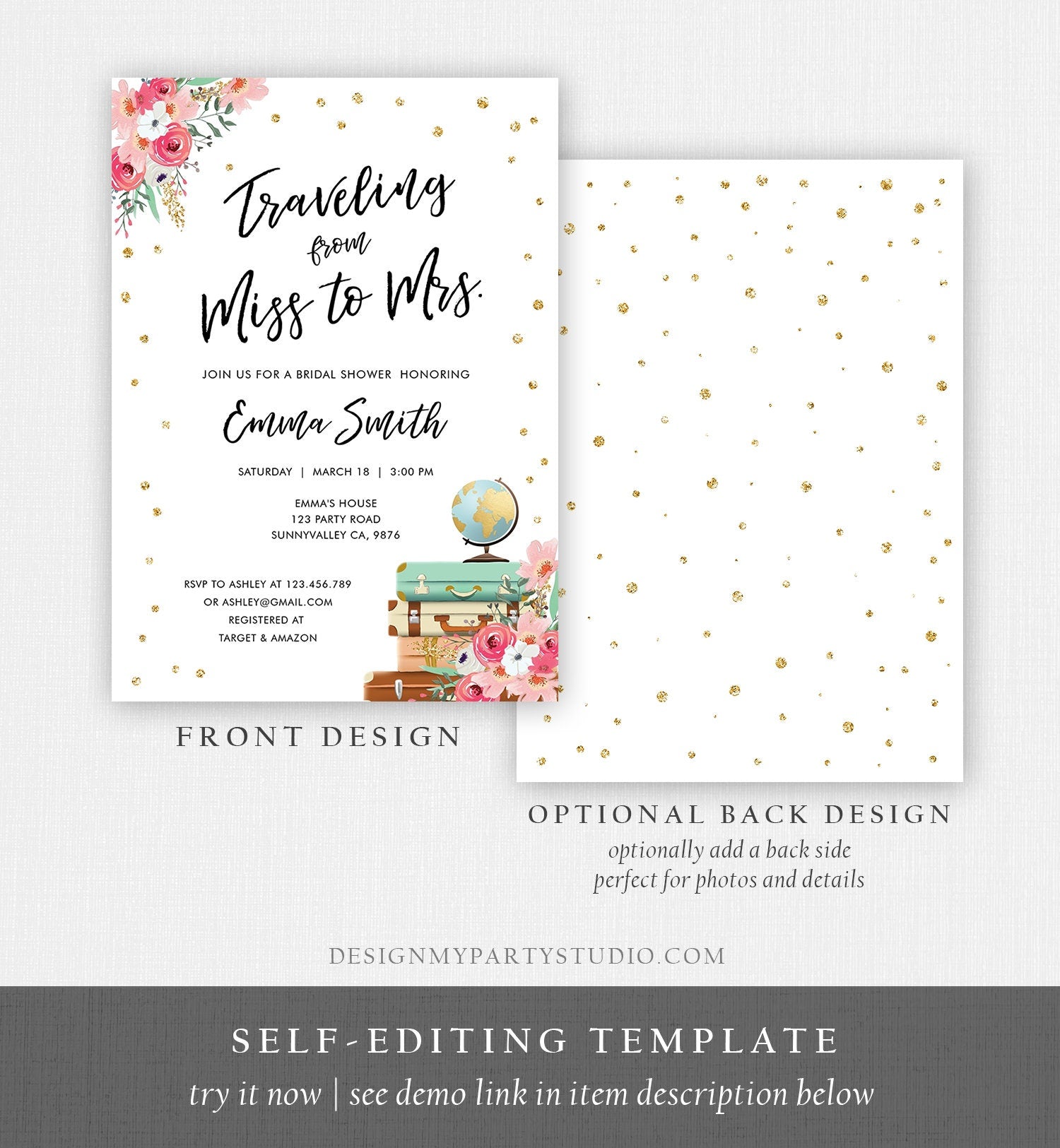 Editable Miss to Mrs Travel Bridal Shower Invitation Flowers Globe Suitcase Gold Confetti Traveling Download Printable Corjl Template 0030