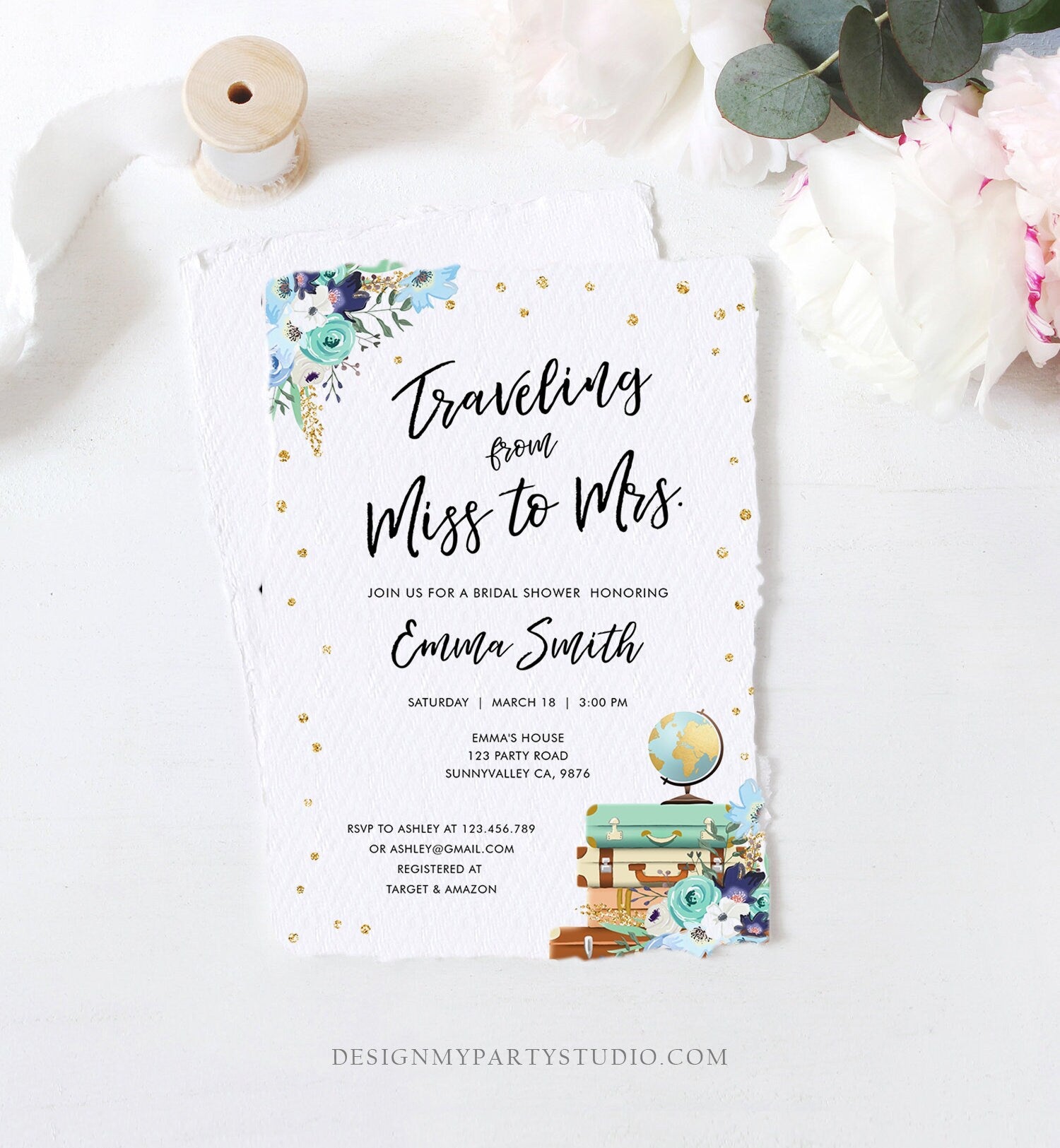 Editable Miss to Mrs Travel Bridal Shower Invitation Flowers Globe Suitcase Navy Blue Gold Confetti Traveling Printable Corjl Template 0030