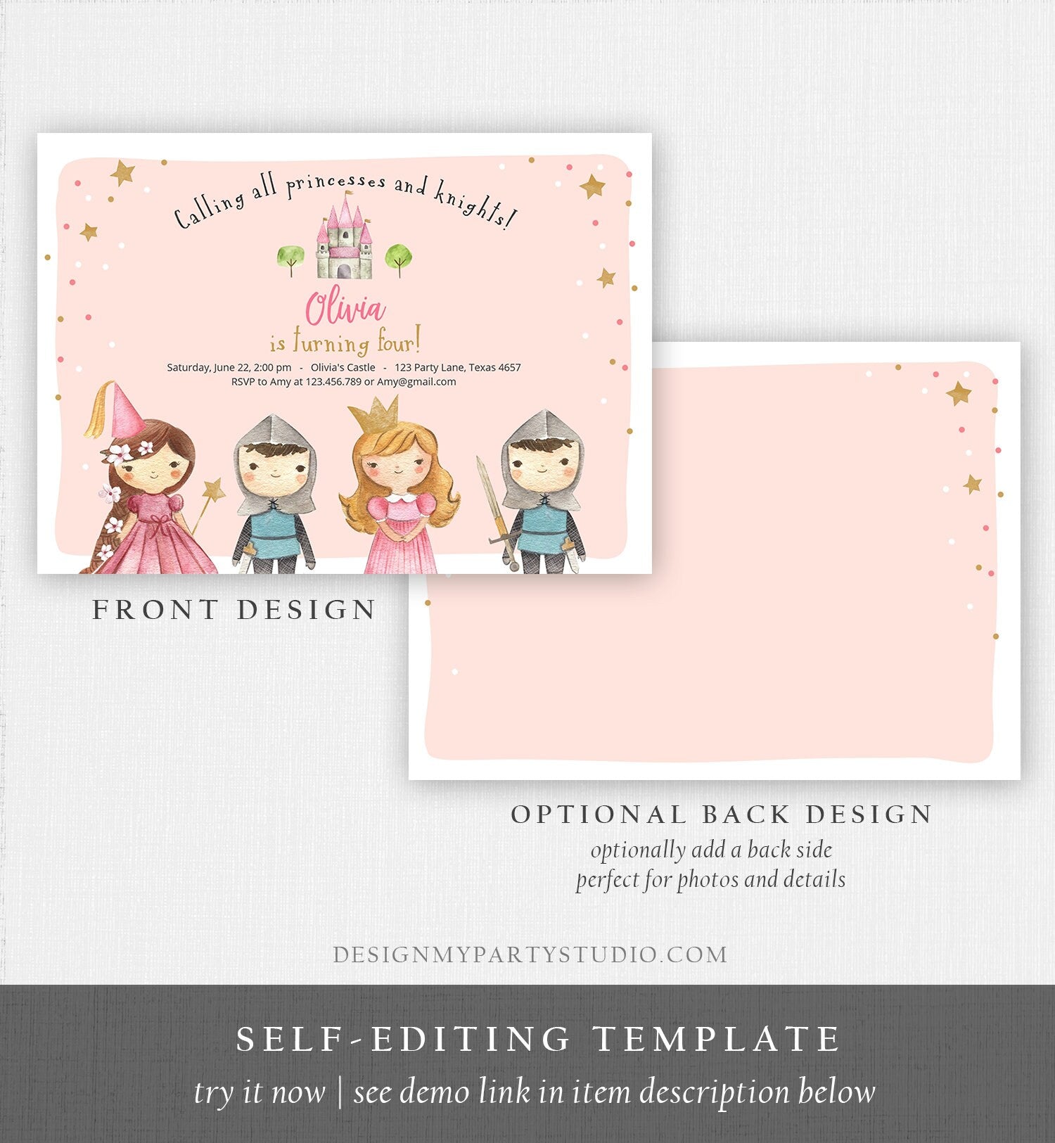 Editable Princess and Knight Birthday invitation Once Upon a Time Princess Birthday Girl Pink Castle Download Printable Template Corjl 0171