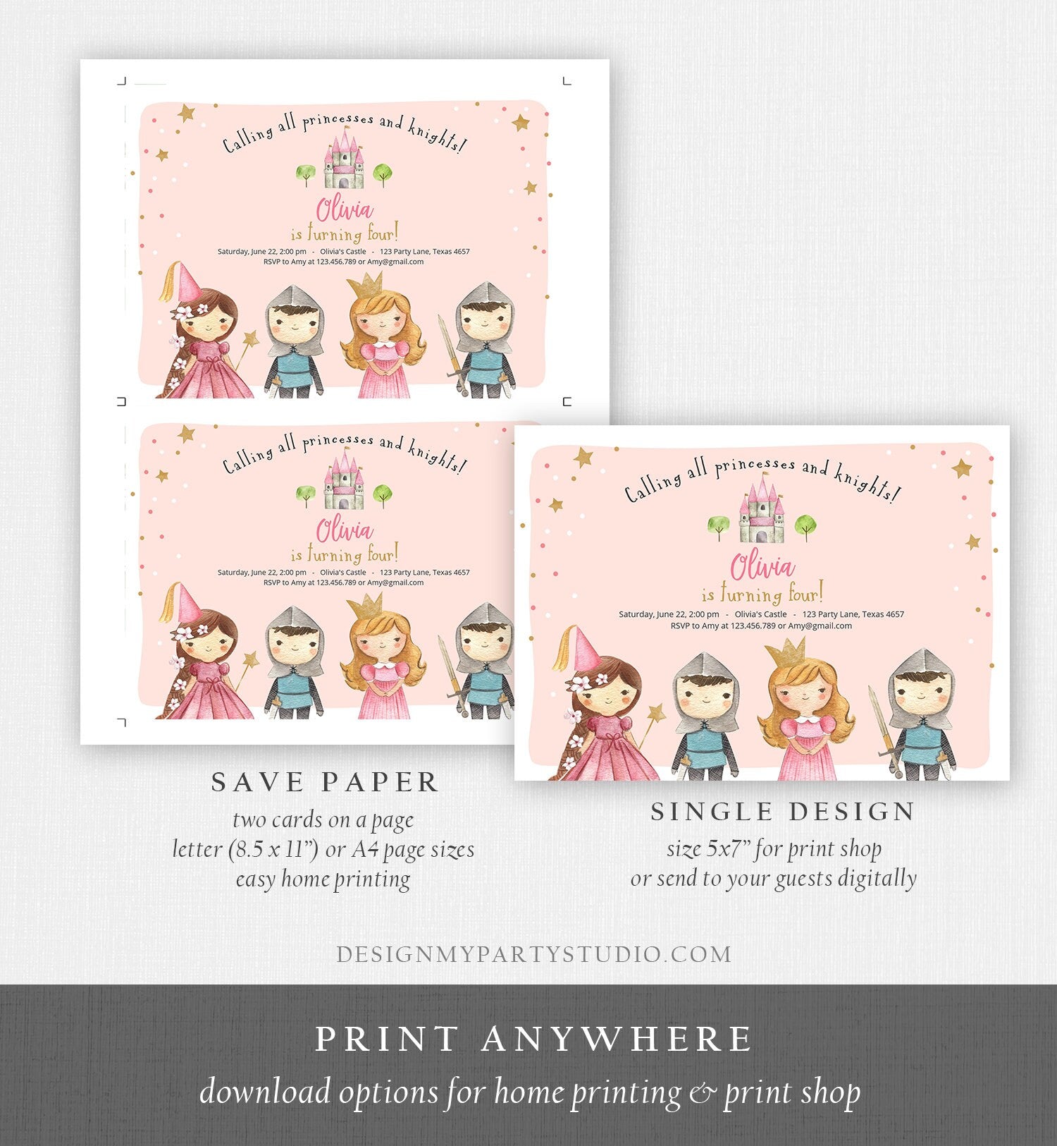 Editable Princess and Knight Birthday invitation Once Upon a Time Princess Birthday Girl Pink Castle Download Printable Template Corjl 0171