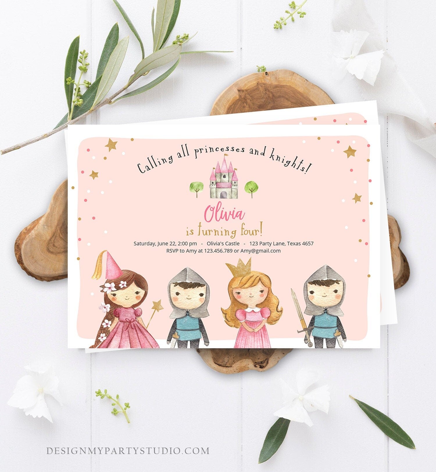 Editable Princess and Knight Birthday invitation Once Upon a Time Princess Birthday Girl Pink Castle Download Printable Template Corjl 0171