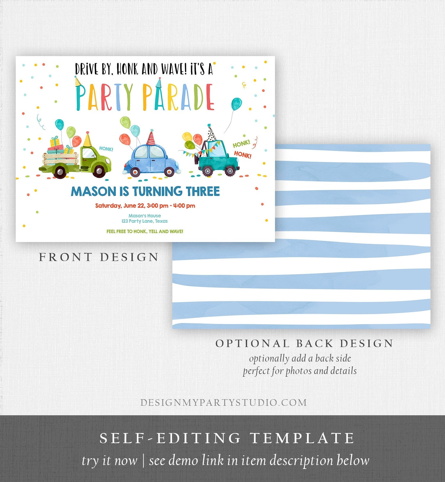 Editable Drive By Birthday Parade Invitation Virtual Party Invite Honk Wave Car Boy Quarantine Party Instant Download Digital Corjl 0333