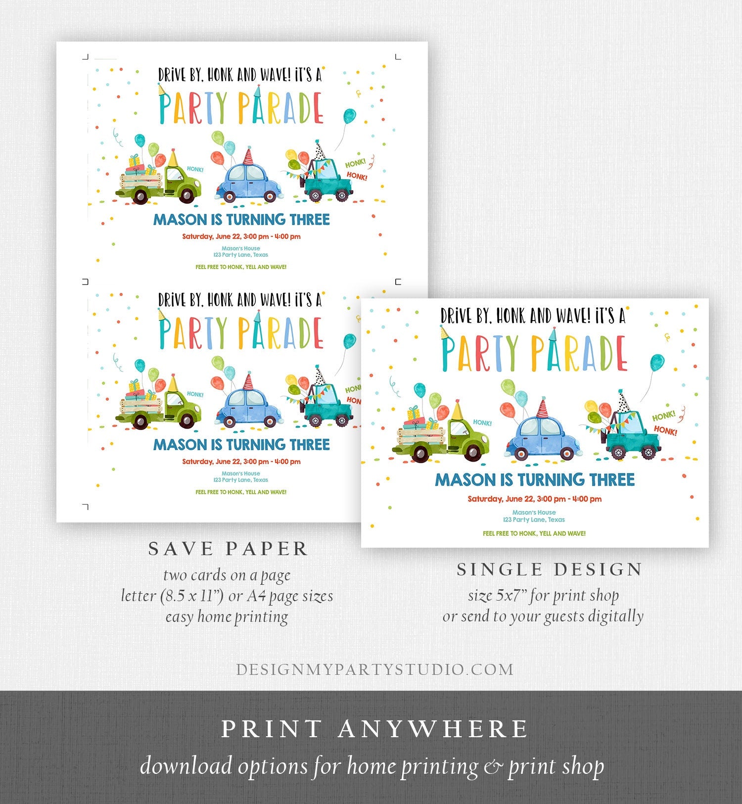 Editable Drive By Birthday Parade Invitation Virtual Party Invite Honk Wave Car Boy Quarantine Party Instant Download Digital Corjl 0333