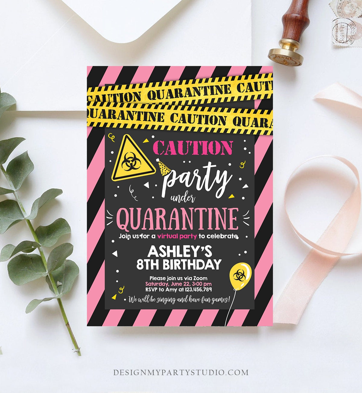 Editable Quarantine Birthday Invitation Virtual Party Quarantine Birthday Party Zoom Birthday Girl Pink Instant Download Digital Corjl 0334