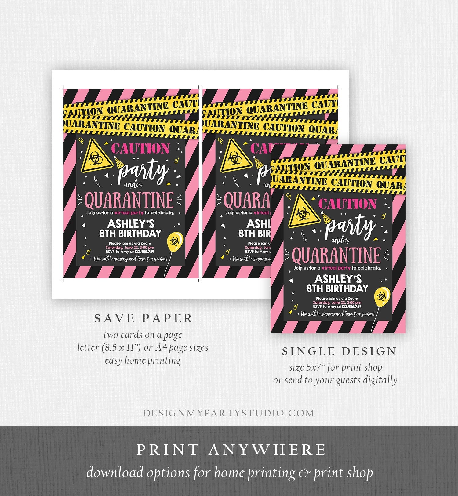 Editable Quarantine Birthday Invitation Virtual Party Quarantine Birthday Party Zoom Birthday Girl Pink Instant Download Digital Corjl 0334