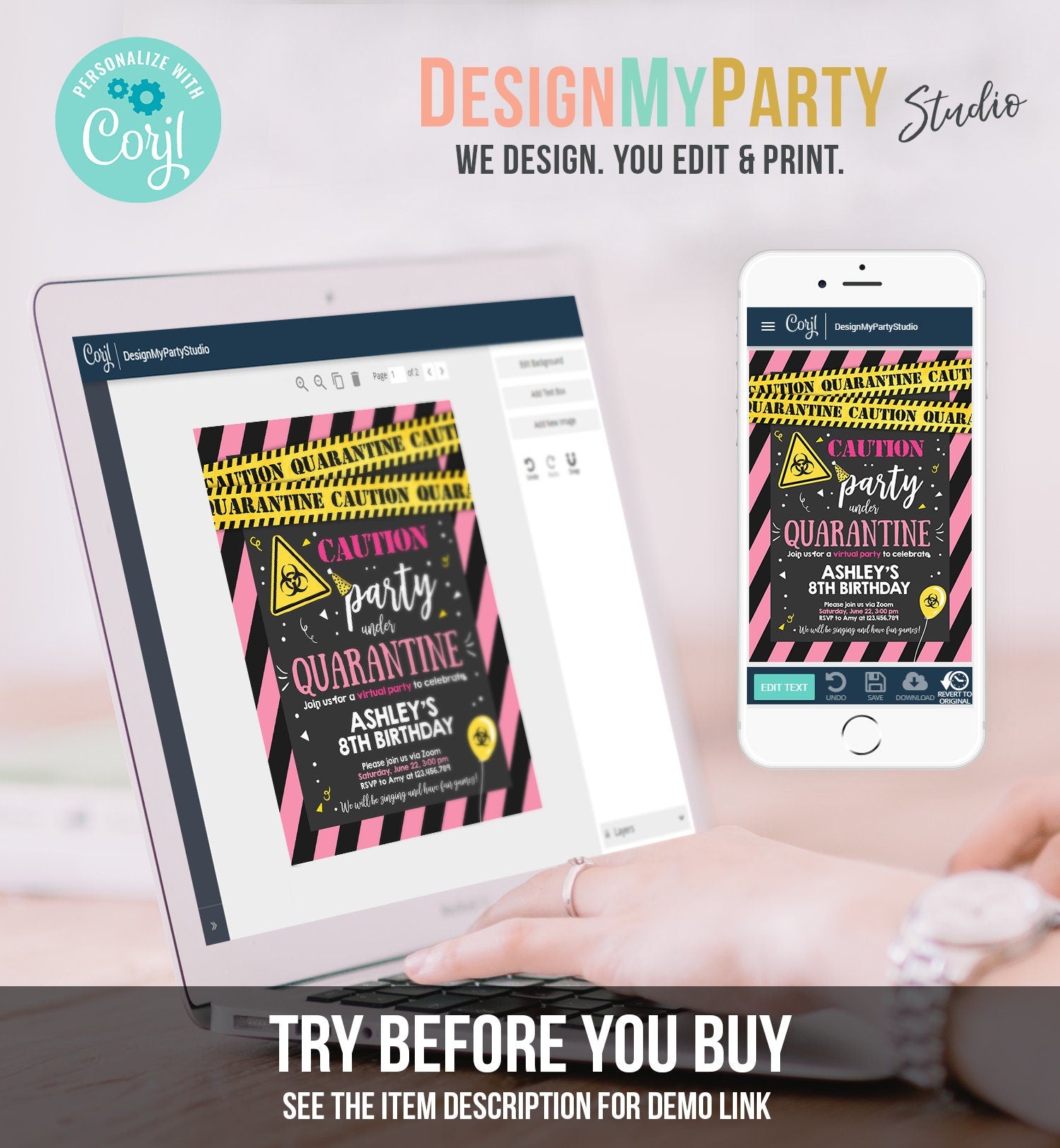 Editable Quarantine Birthday Invitation Virtual Party Quarantine Birthday Party Zoom Birthday Girl Pink Instant Download Digital Corjl 0334