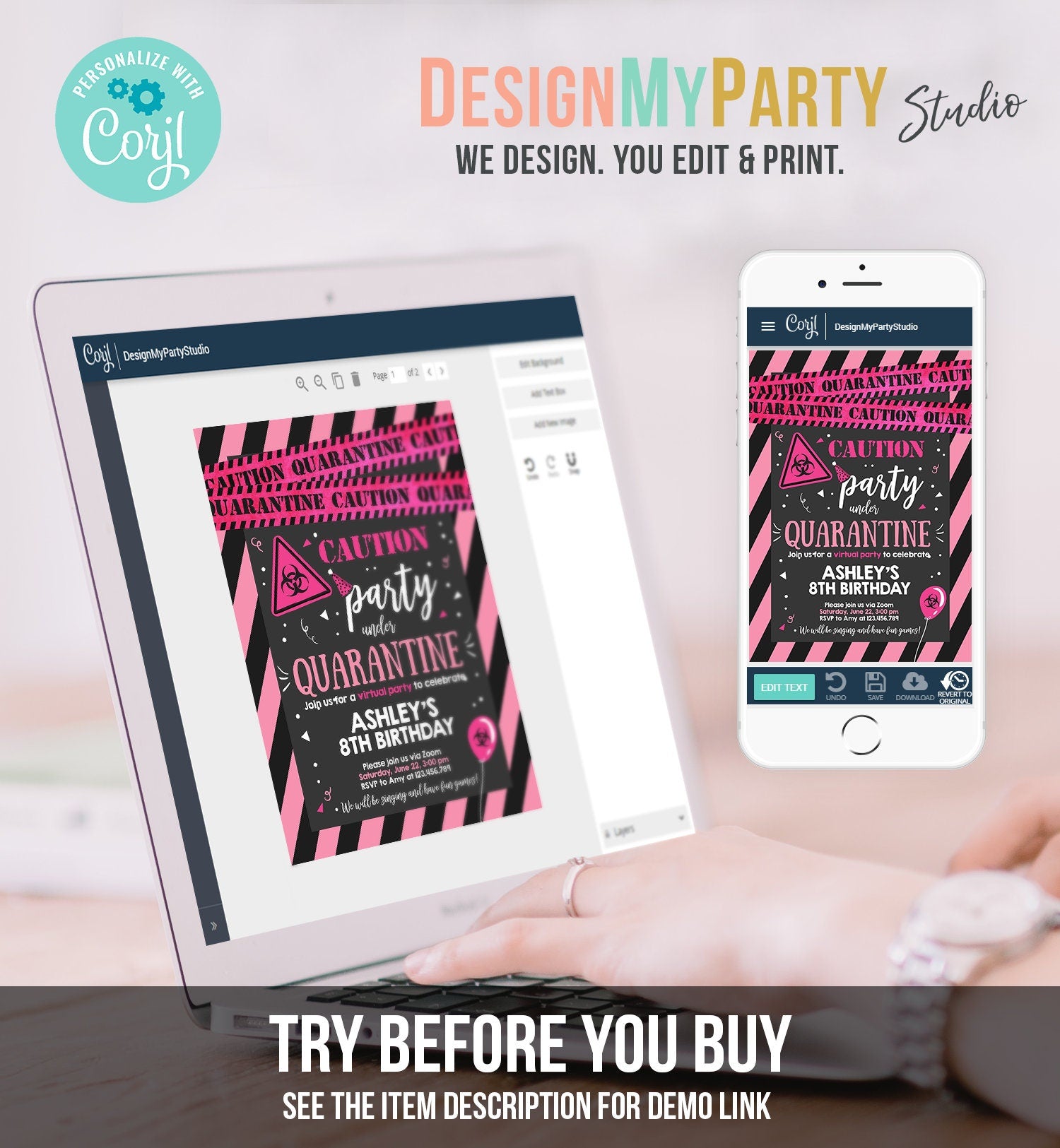 Editable Quarantine Birthday Invitation Virtual Party Quarantine Birthday Party Zoom Birthday Girl Pink Instant Download Digital Corjl 0334