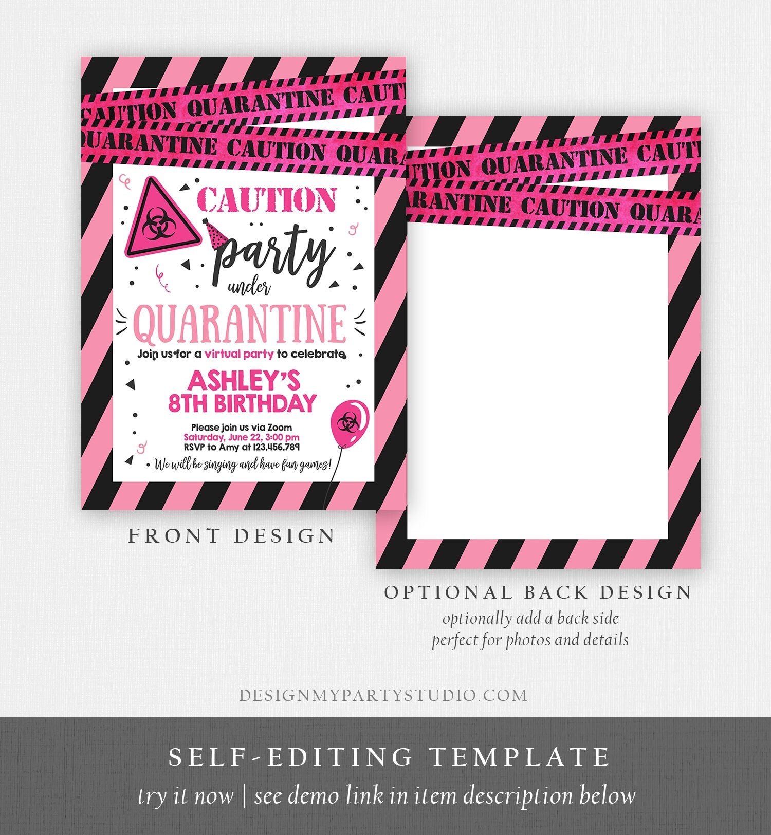 Editable Quarantine Birthday Invitation Virtual Party Quarantine Birthday Party Zoom Birthday Girl Pink Instant Download Digital Corjl 0334