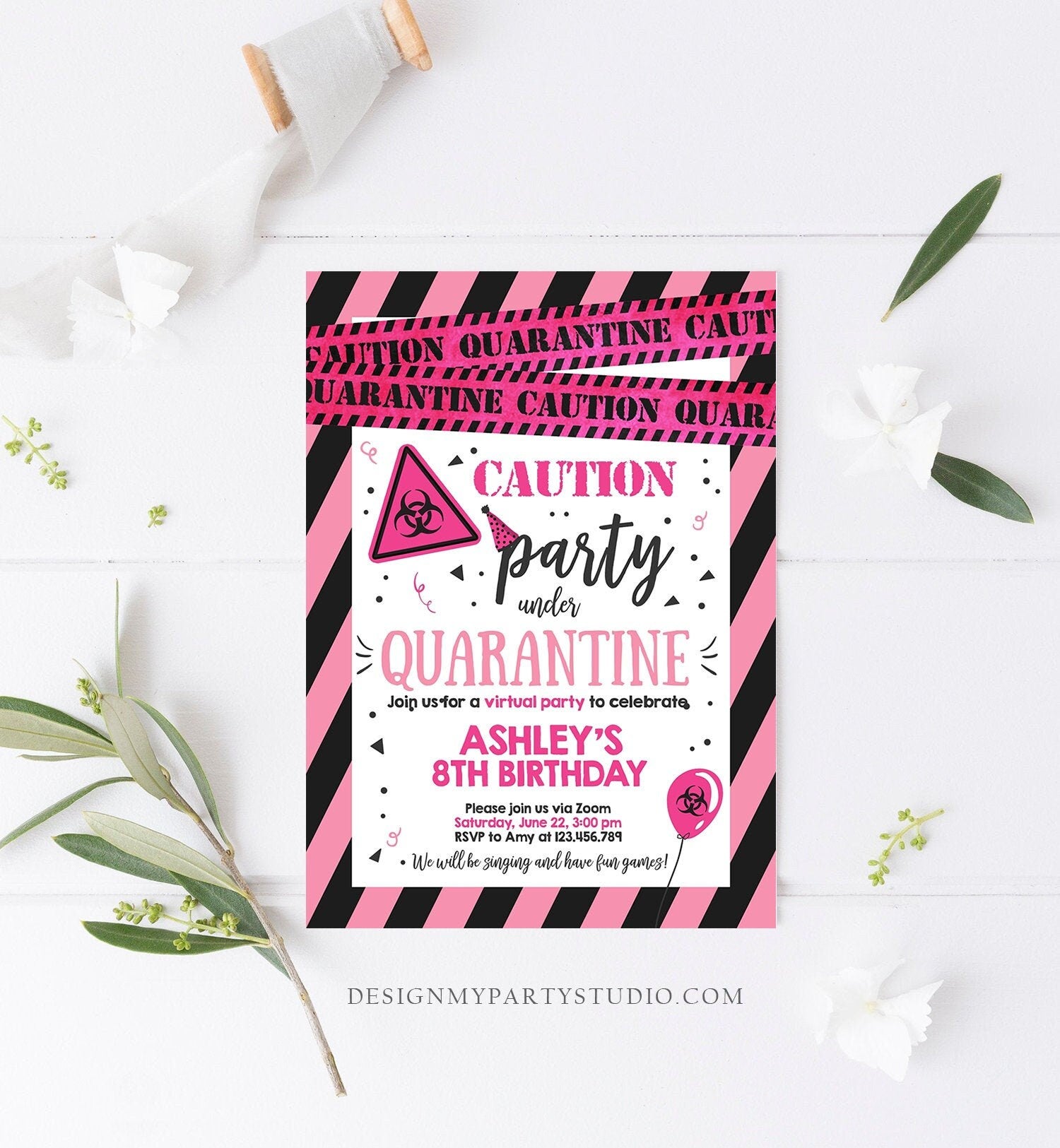 Editable Quarantine Birthday Invitation Virtual Party Quarantine Birthday Party Zoom Birthday Girl Pink Instant Download Digital Corjl 0334