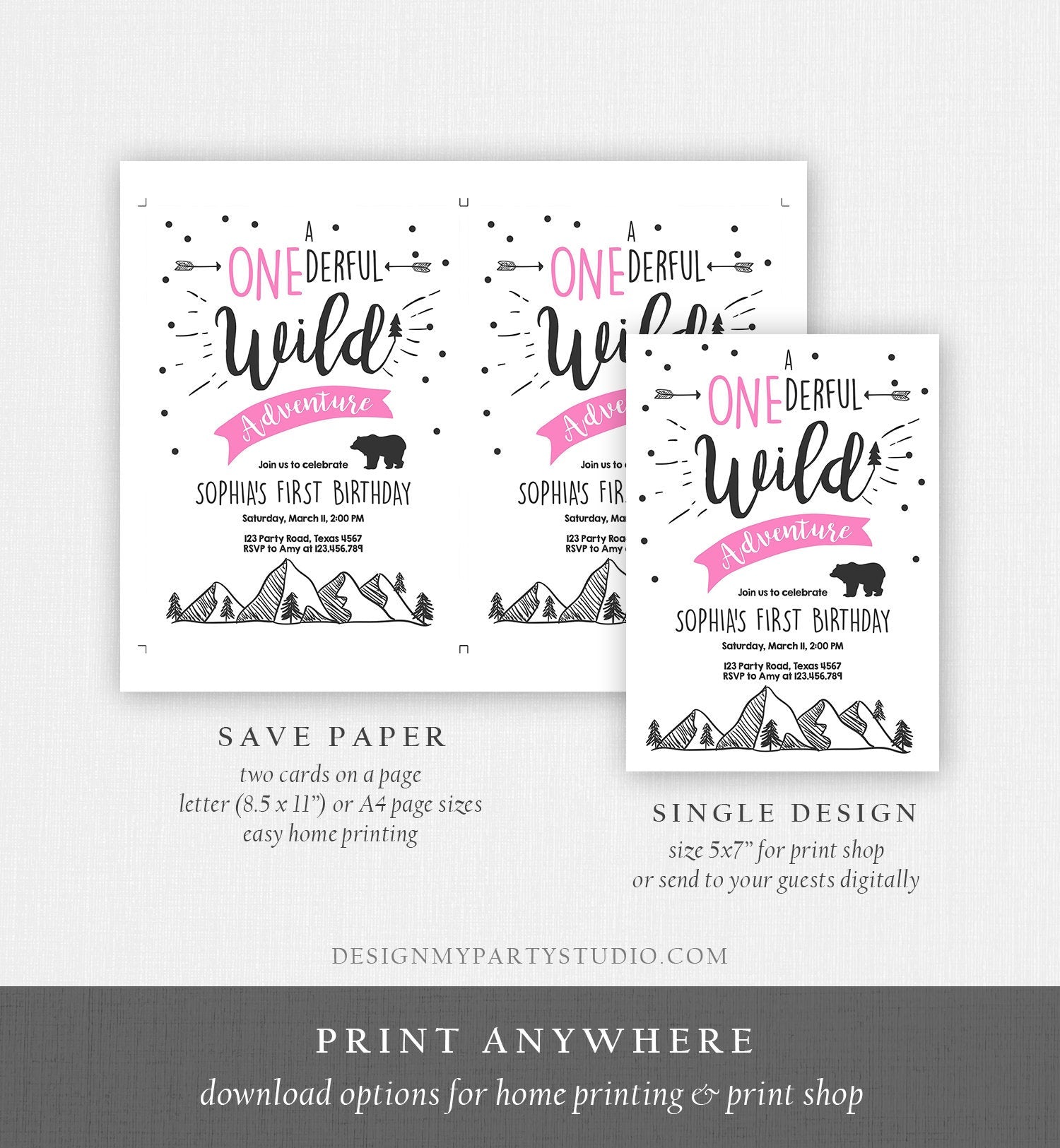 Editable A Onederful Wild Adventure First Birthday Invitation Wild Things Girl Pink Mountains Bear Lumberjack Woodland Corjl Template 0083