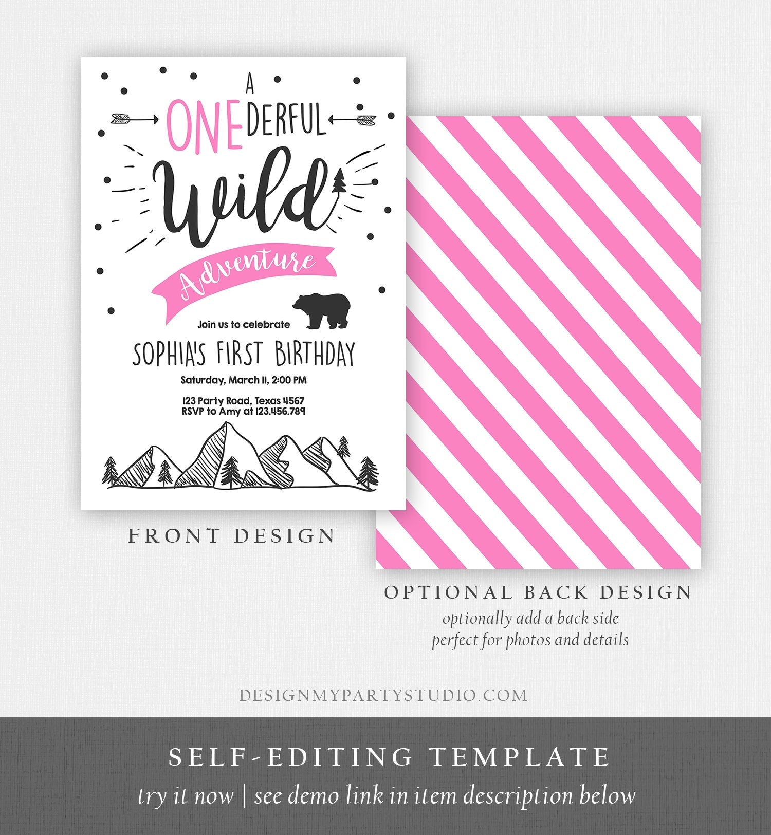 Editable A Onederful Wild Adventure First Birthday Invitation Wild Things Girl Pink Mountains Bear Lumberjack Woodland Corjl Template 0083