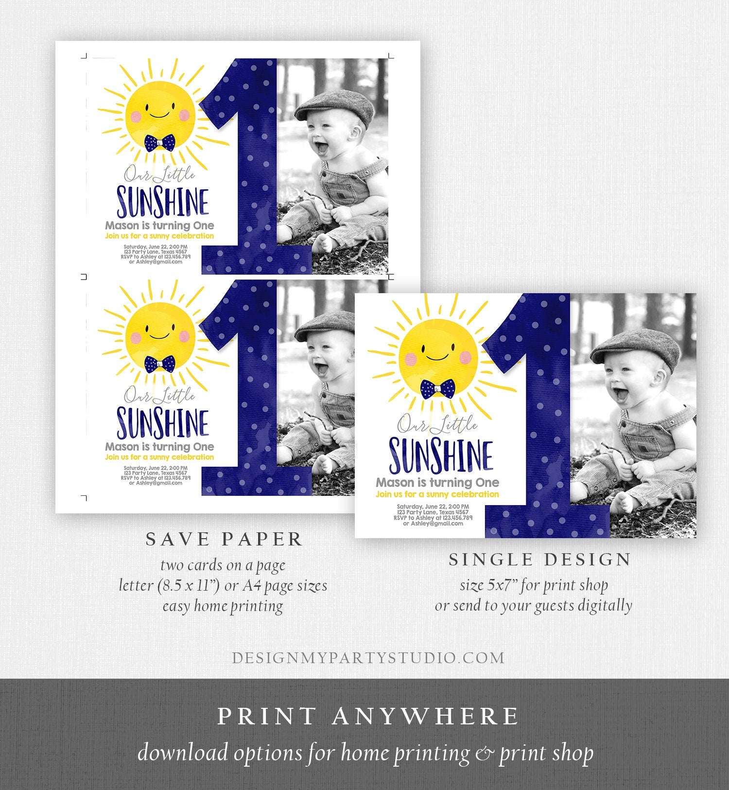 Editable Our Little Sunshine Birthday Invitation You Are My Sunshine Navy Blue Boy Summer 1st Birthday Printable Corjl Template 0141