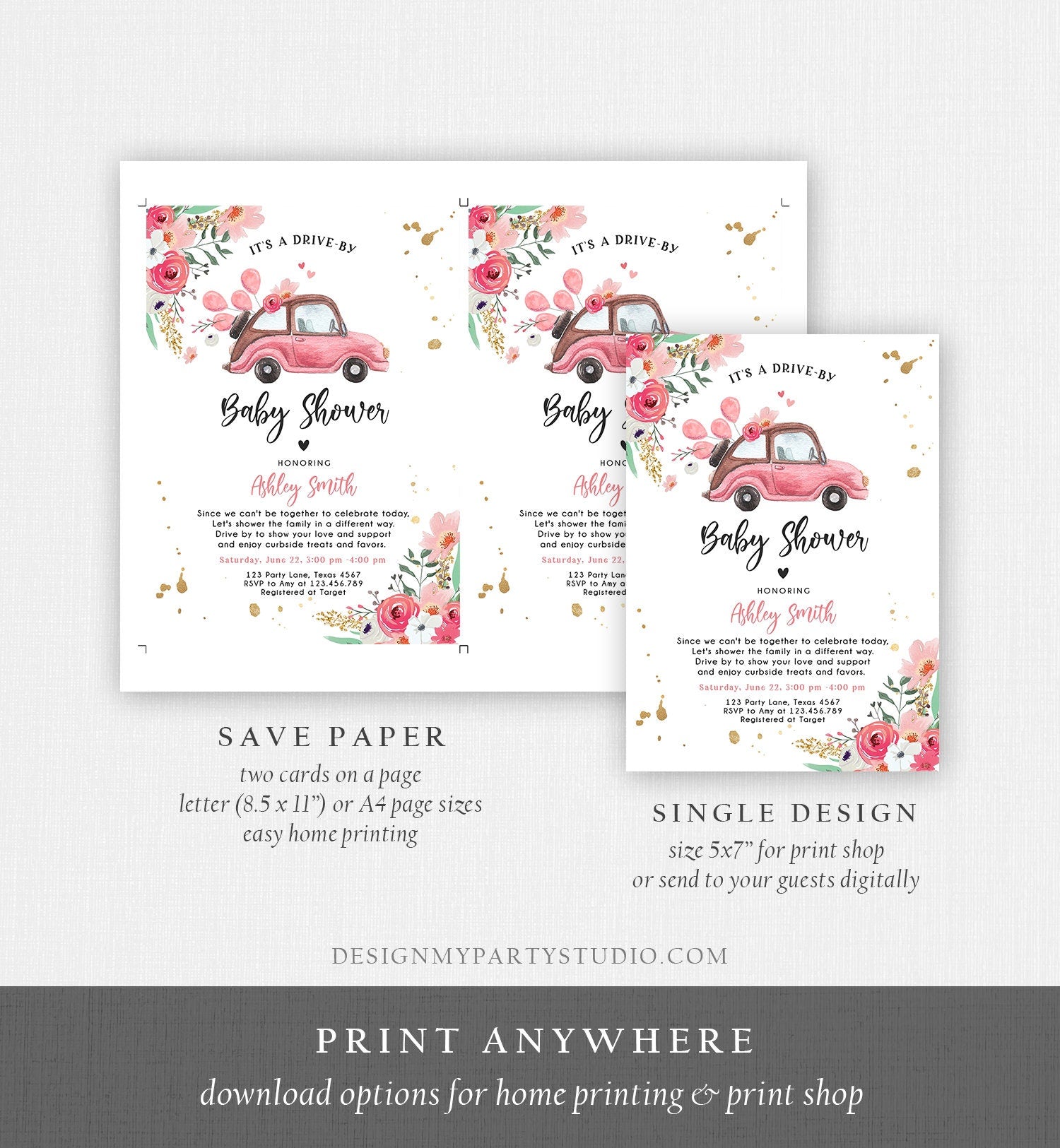 Editable Drive By Baby Shower Invitation Pink Girl Baby Shower Invite Quarantine Drive Through Floral Sprinkle Template Download Corjl 0335