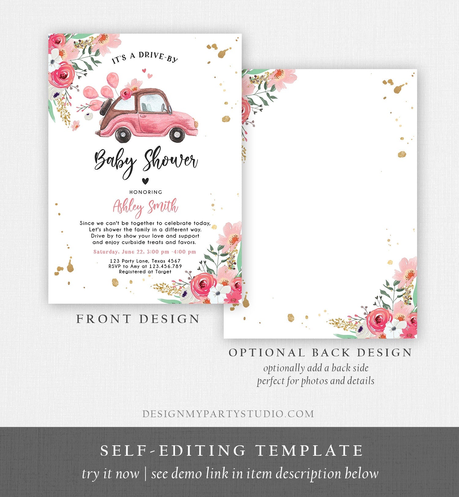 Editable Drive By Baby Shower Invitation Pink Girl Baby Shower Invite Quarantine Drive Through Floral Sprinkle Template Download Corjl 0335