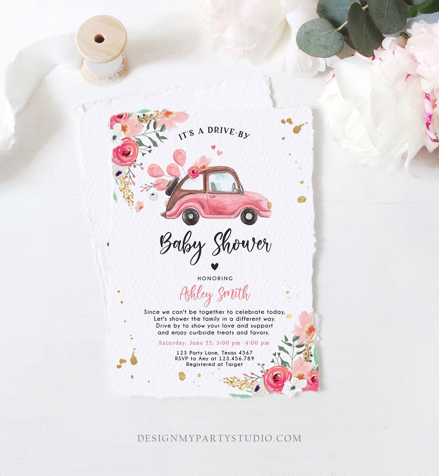 Editable Drive By Baby Shower Invitation Pink Girl Baby Shower Invite Quarantine Drive Through Floral Sprinkle Template Download Corjl 0335