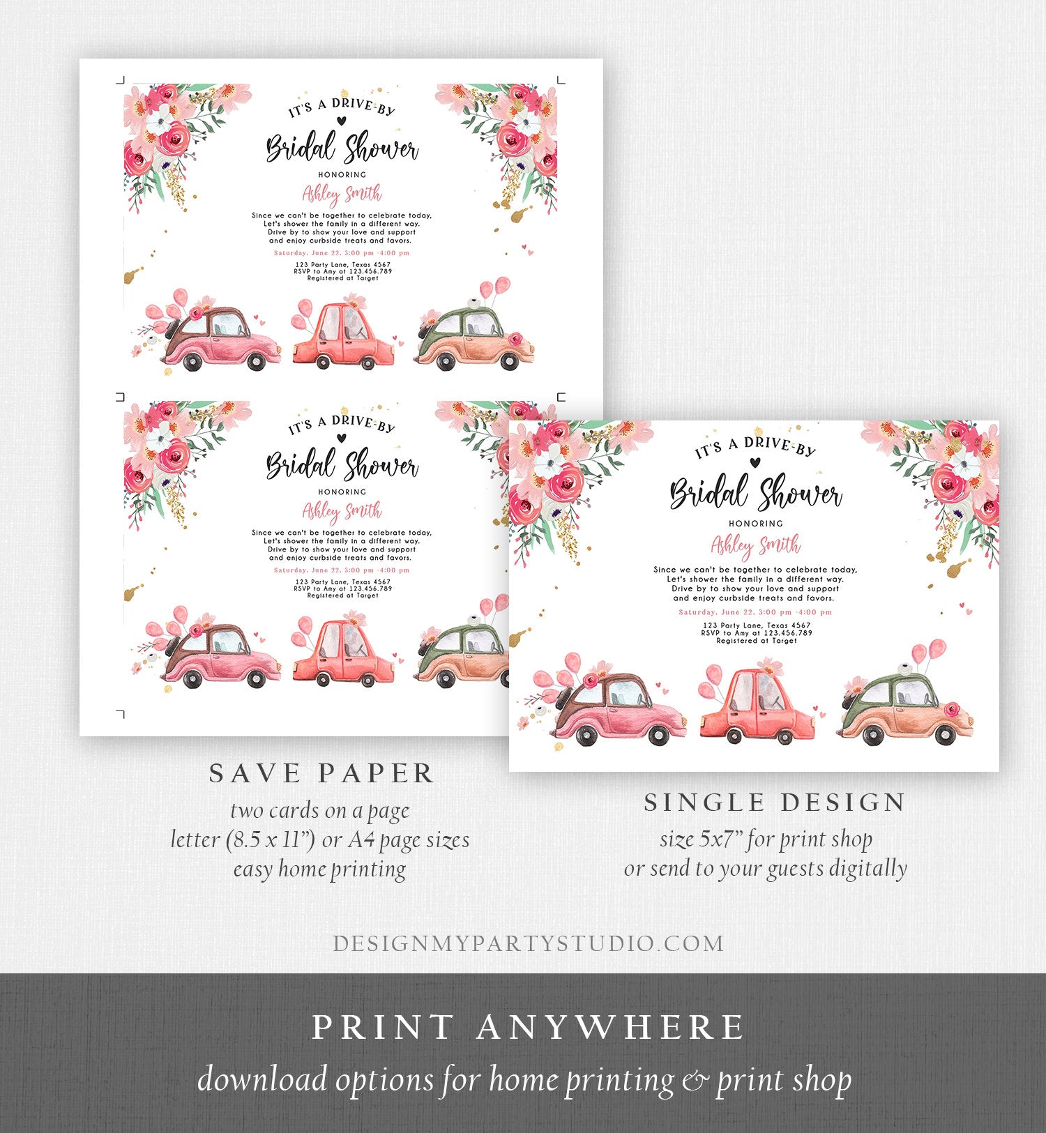 Editable Drive By Bridal Shower Invitation Couples Shower Invite Quarantine Drive Through Floral Wedding Shower Template Download Corjl 0335