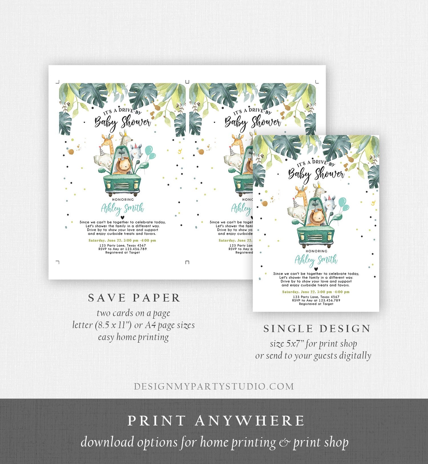 Editable Drive By Baby Shower Invitation Safari Animals Coed Shower Drive Through Quarantine Blue Boy Sprinkle Template Download Corjl 0345