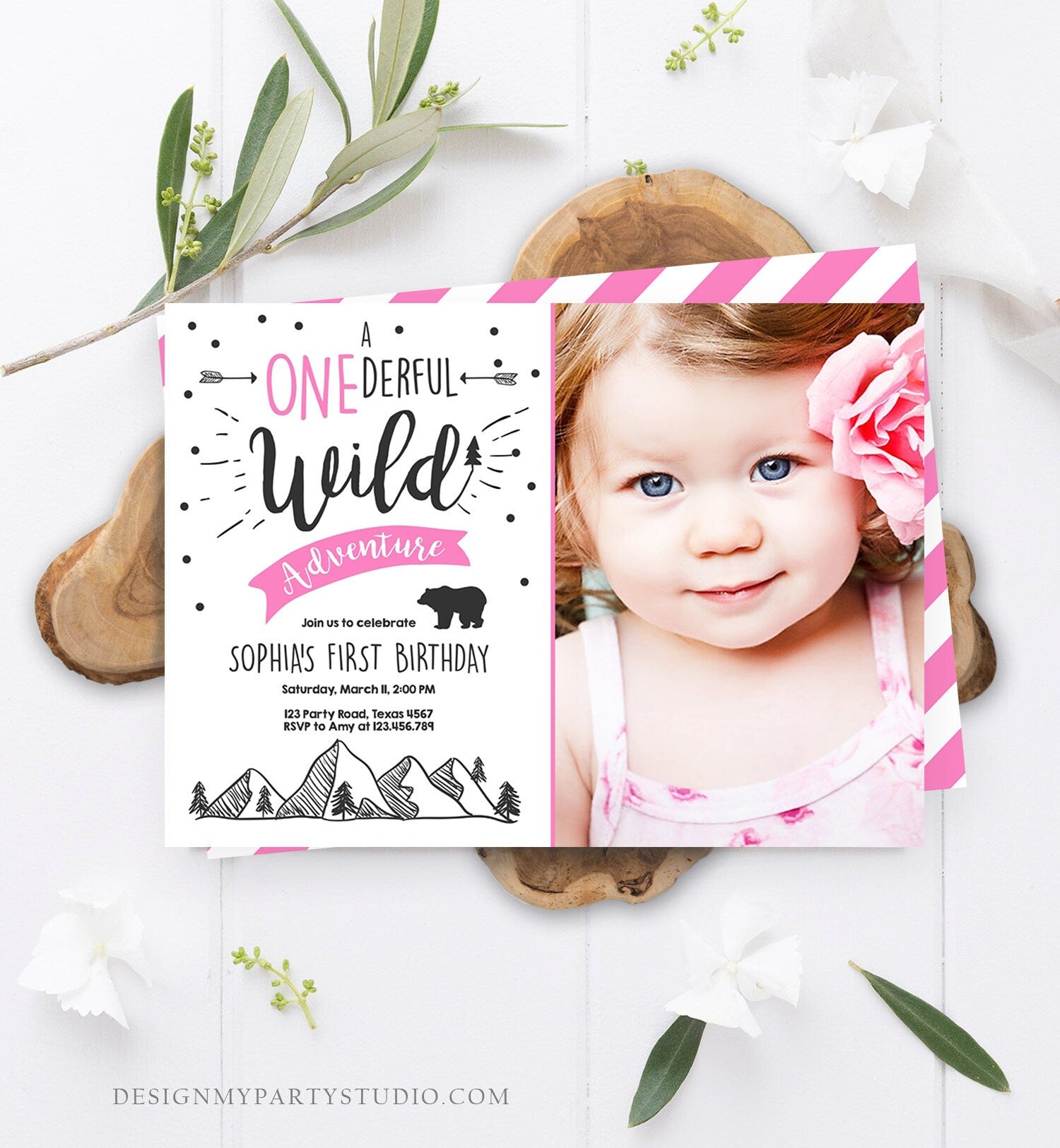 Editable A Onederful Wild Adventure First Birthday Invitation Wild Things Girl Pink Mountains Bear Lumberjack Woodland Corjl Template 0083