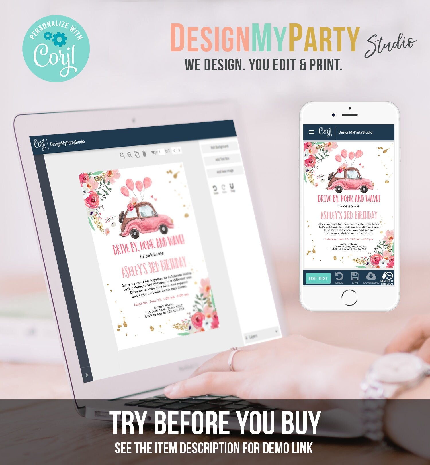 Editable Drive By Birthday Parade Invitation Virtual Party Invite Honk Wave Car Girl Pink Quarantine Instant Download Digital Corjl 0335