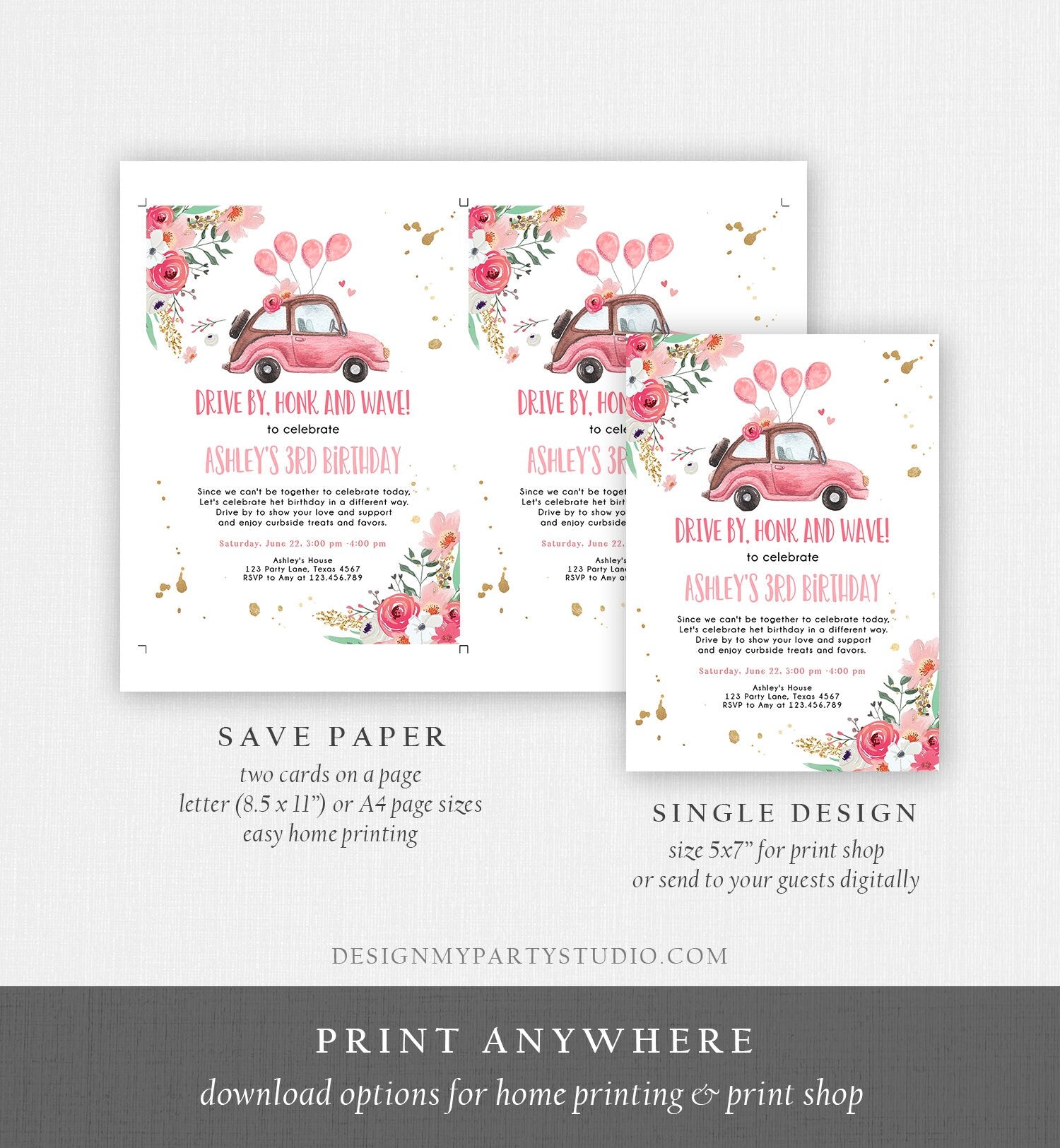 Editable Drive By Birthday Parade Invitation Virtual Party Invite Honk Wave Car Girl Pink Quarantine Instant Download Digital Corjl 0335