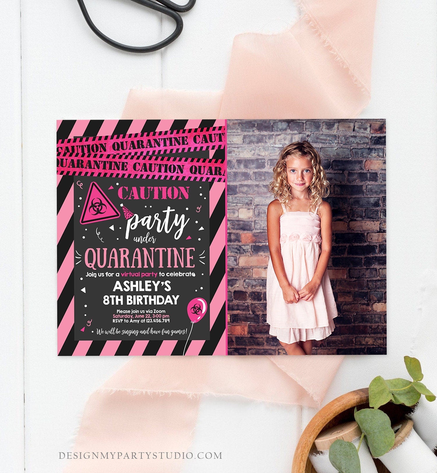 Editable Quarantine Birthday Invitation Virtual Party Quarantine Party Zoom Girl Pink No One Invited Hangout Corjl Template Printable 0334