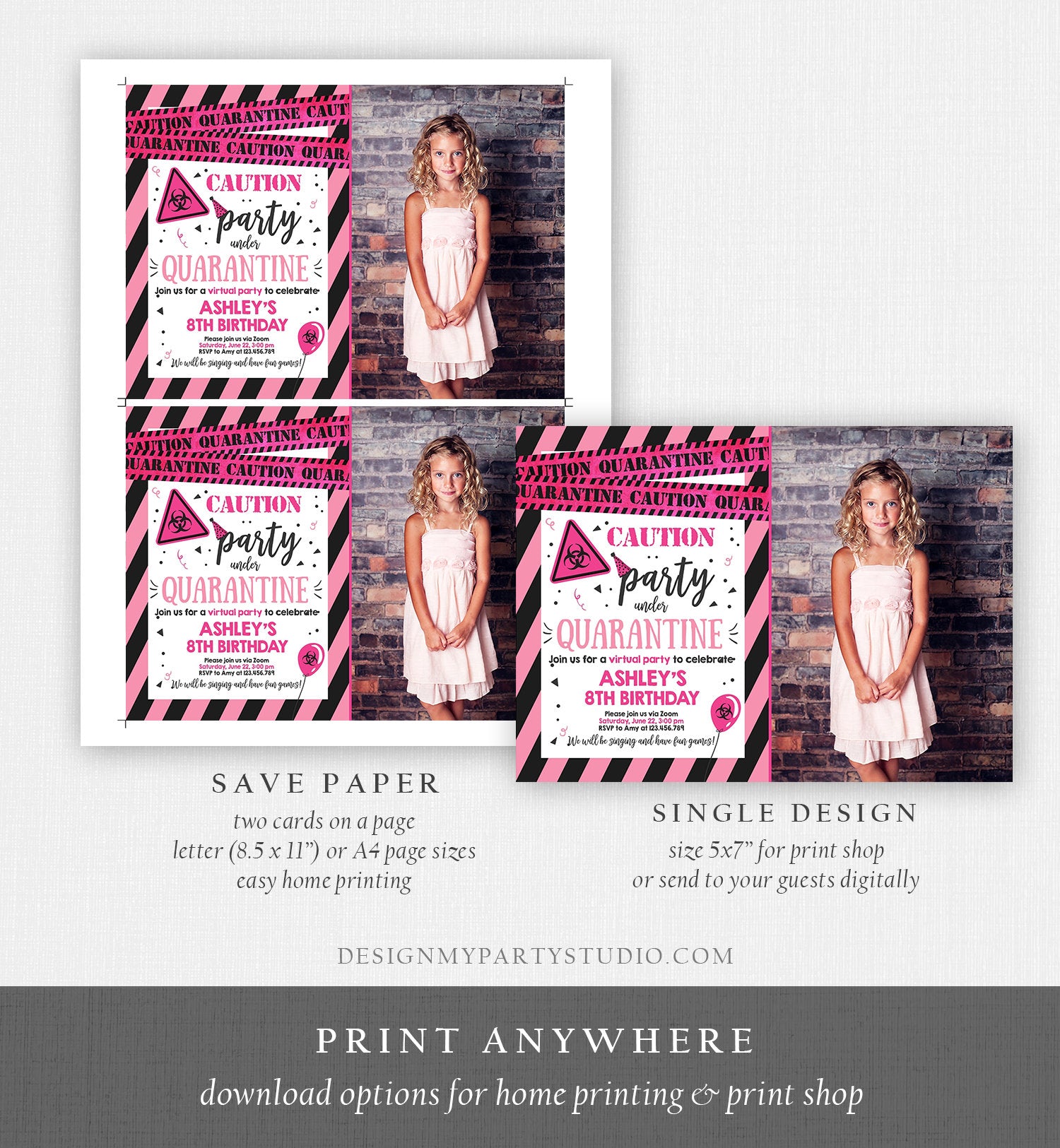 Editable Quarantine Birthday Invitation Virtual Party Quarantine Party Zoom Girl Pink No One Invited Hangout Corjl Template Printable 0334