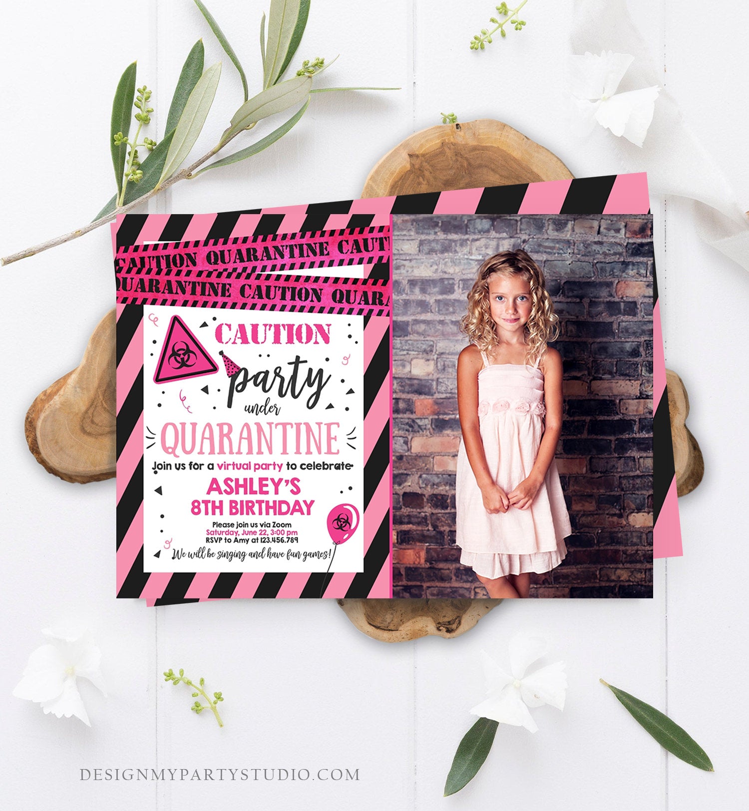 Editable Quarantine Birthday Invitation Virtual Party Quarantine Party Zoom Girl Pink No One Invited Hangout Corjl Template Printable 0334