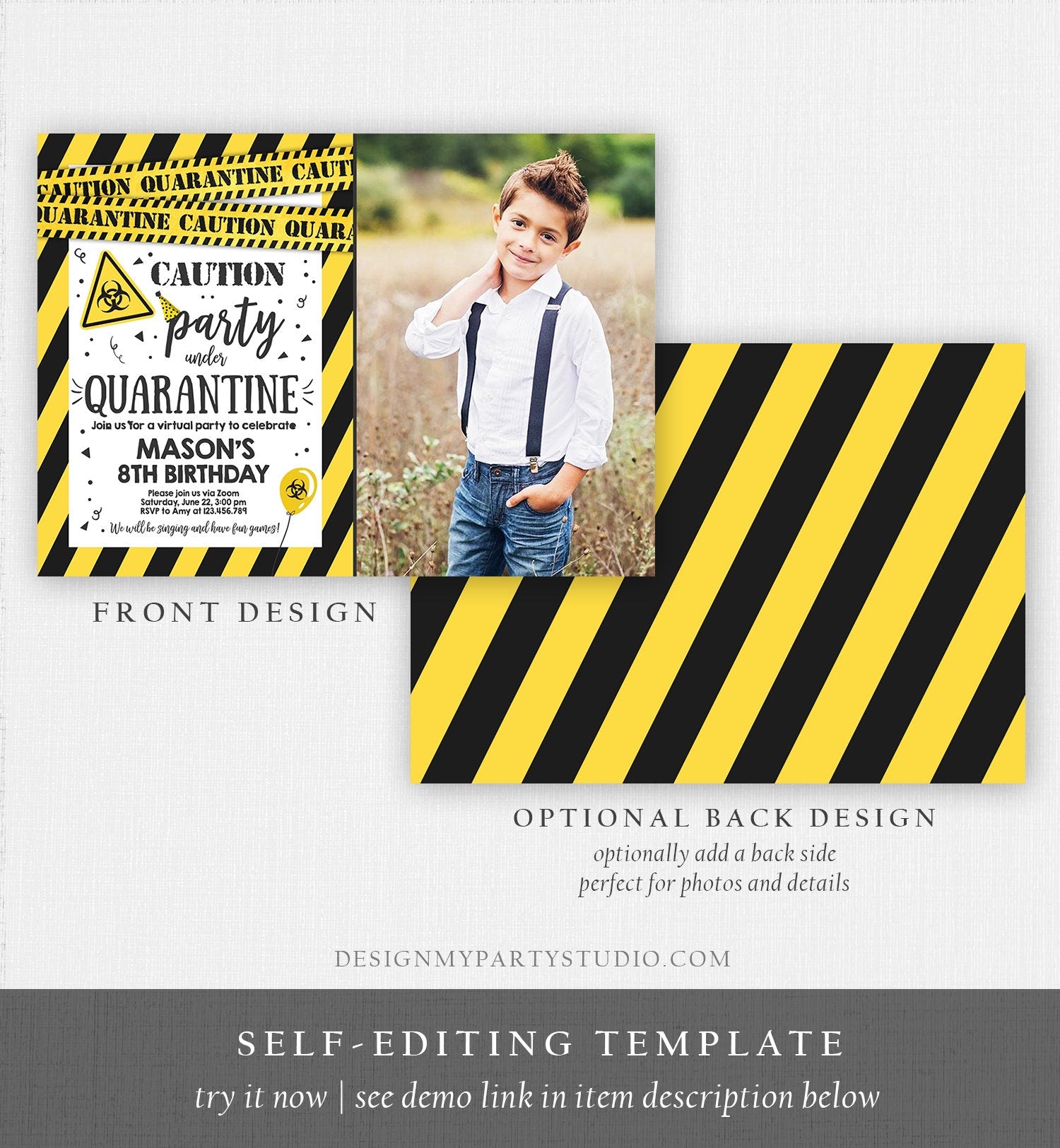 Editable Quarantine Birthday Invitation Virtual Party Quarantine Party Zoom Boy Photo No One Invited Hangout Corjl Template Printable 0334