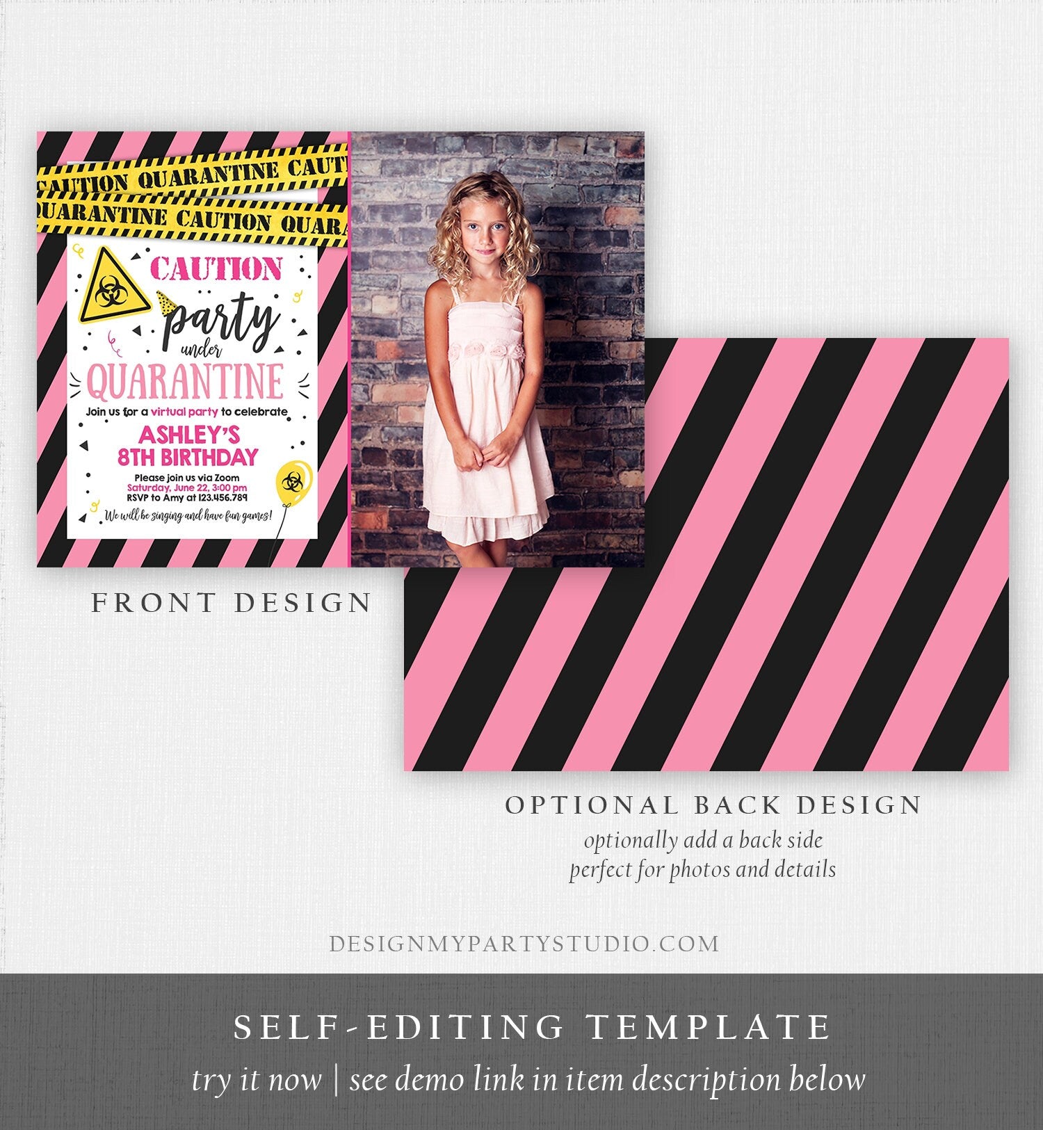 Editable Quarantine Birthday Invitation Virtual Party Quarantine Party Zoom Girl Pink No One Invited Hangout Corjl Template Printable 0334