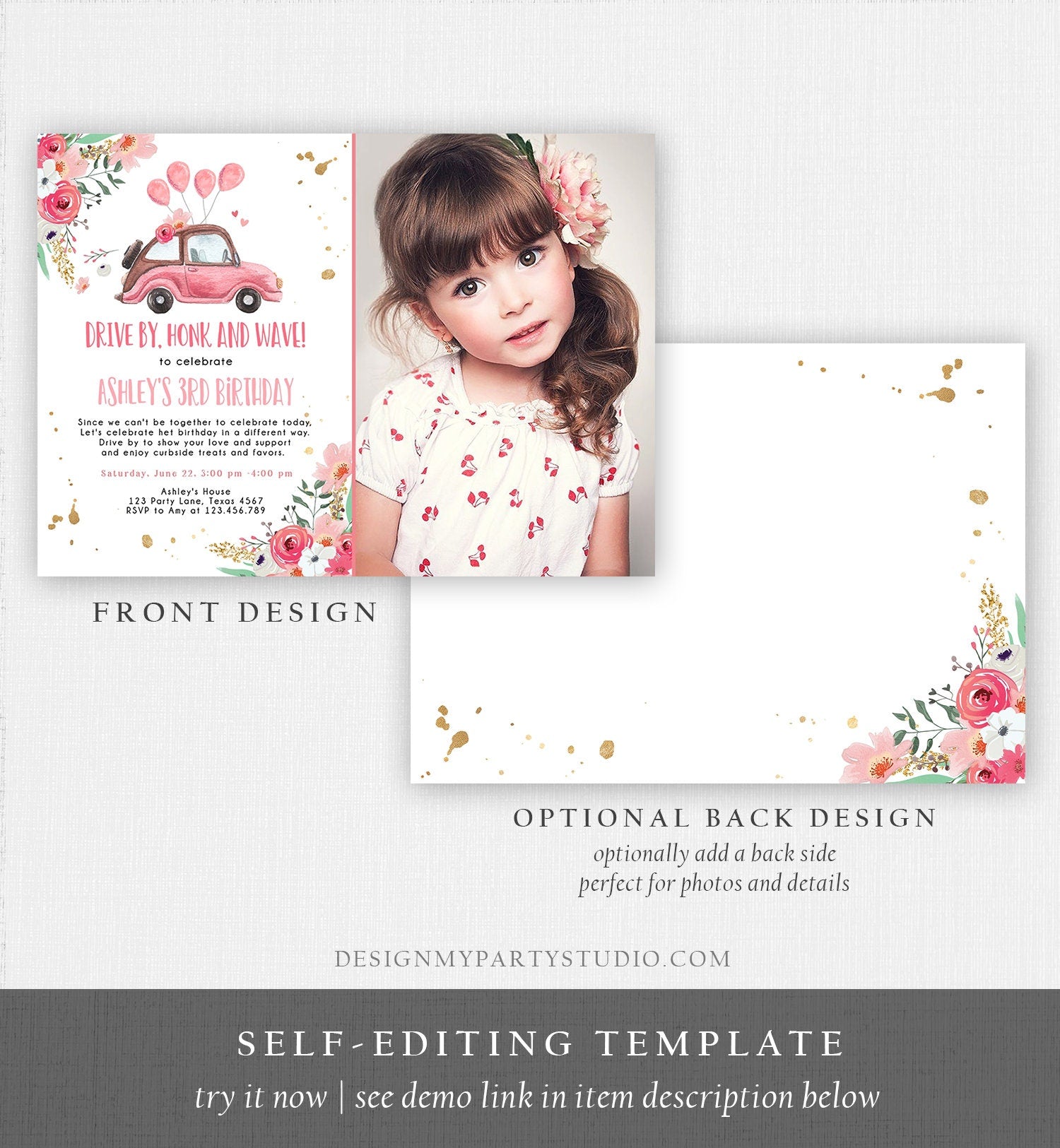 Editable Drive By Birthday Parade Invitation Virtual Party Honk Wave Girl Pink Car Quarantine No One Invited Digital Corjl Template 0335