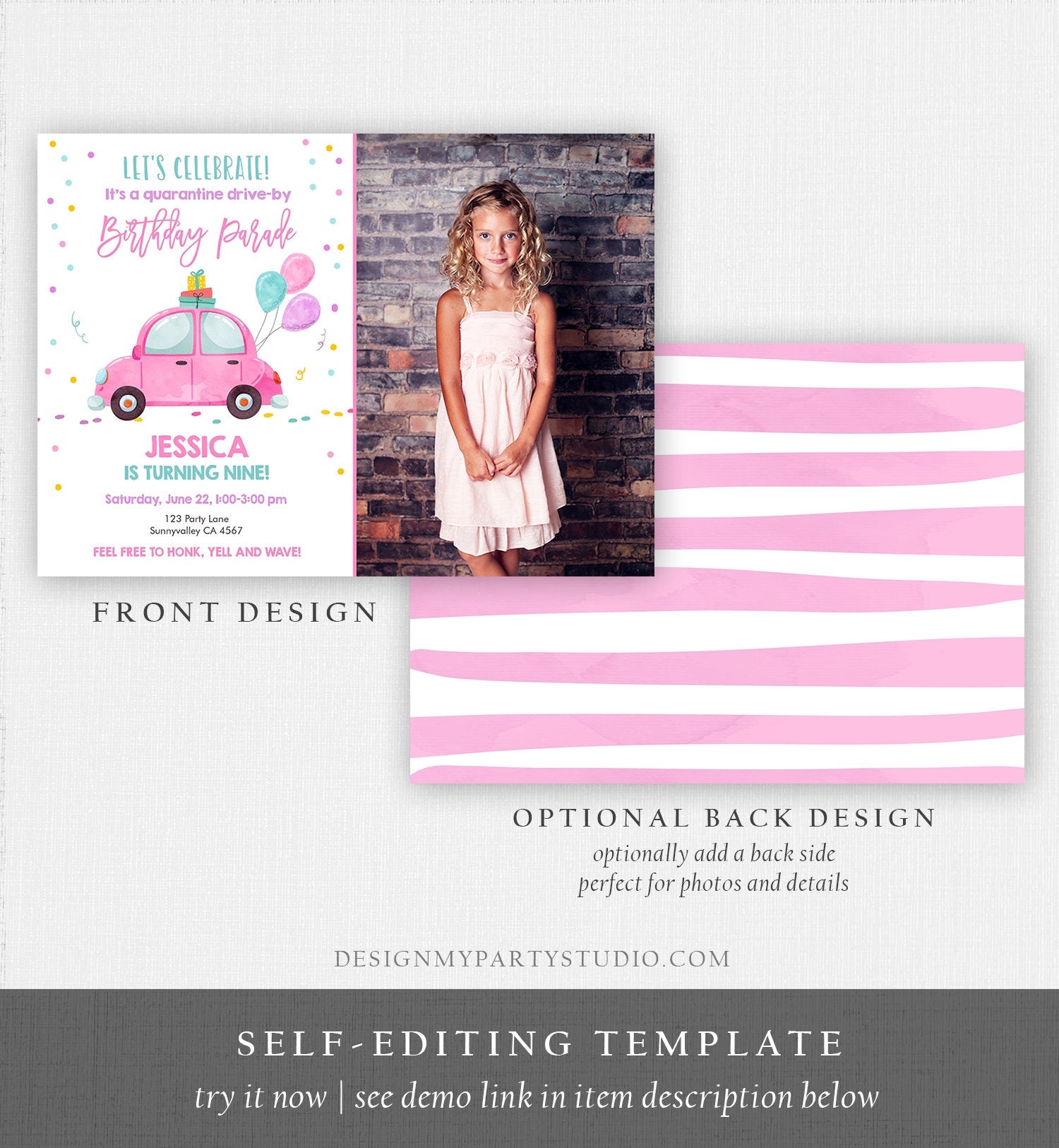 Editable Drive By Birthday Parade Invitation Virtual Birthday Party Invite Girl Pink Car Kid Quarantine Download Digital Corjl Template 0333