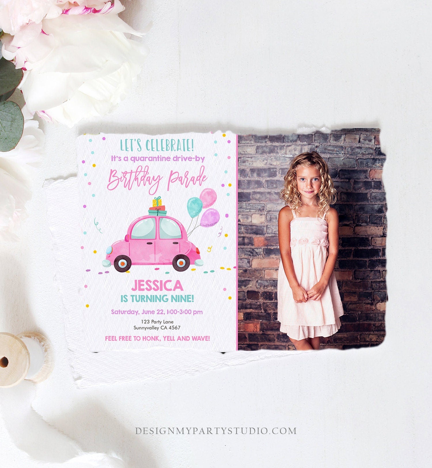 Editable Drive By Birthday Parade Invitation Virtual Birthday Party Invite Girl Pink Car Kid Quarantine Download Digital Corjl Template 0333