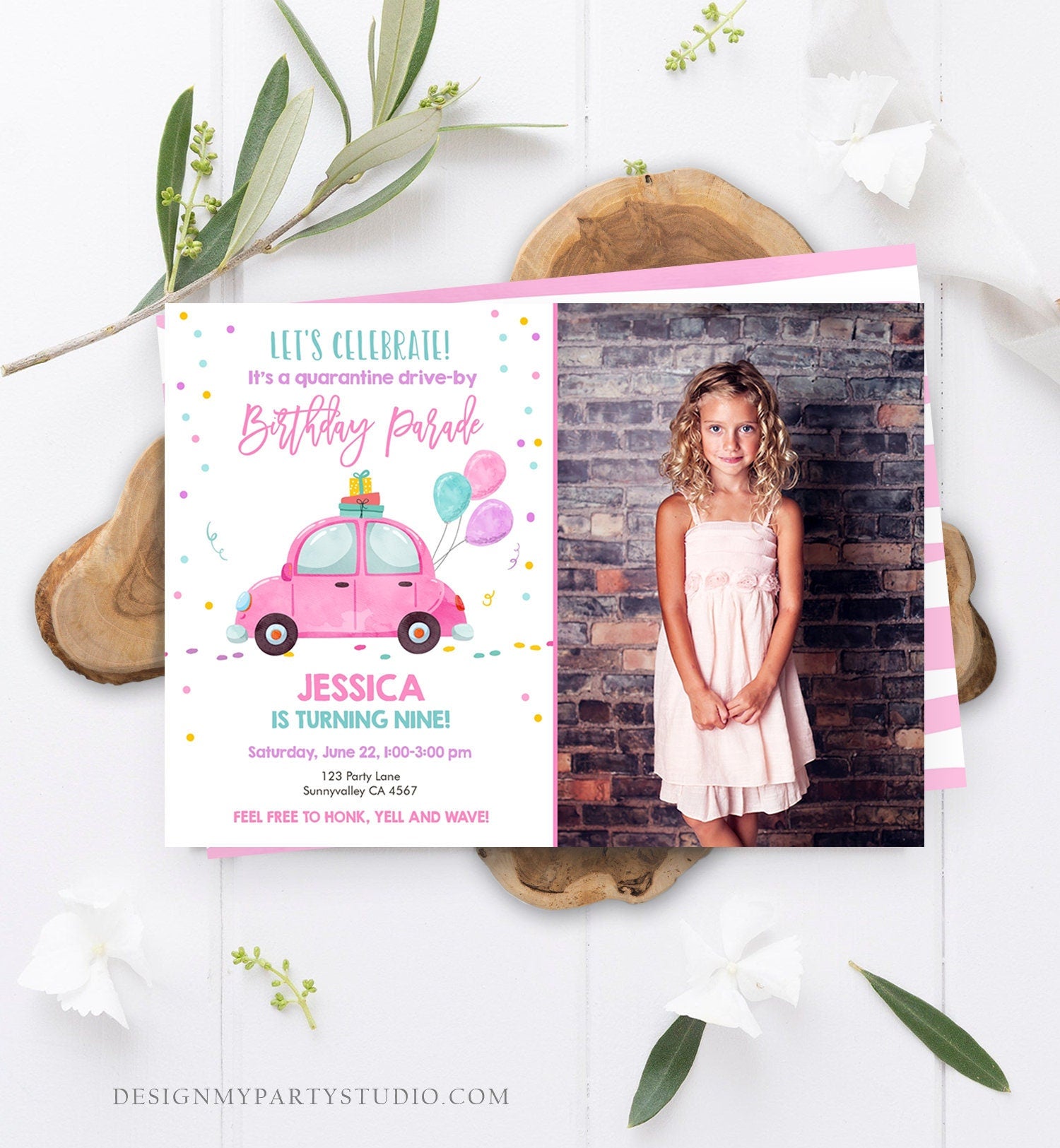 Editable Drive By Birthday Parade Invitation Virtual Birthday Party Invite Girl Pink Car Kid Quarantine Download Digital Corjl Template 0333