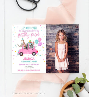 Editable Drive By Birthday Parade Invitation Party Animals Virtual Birthday Party Girl Pink Car Quarantine Digital Corjl Template 0333