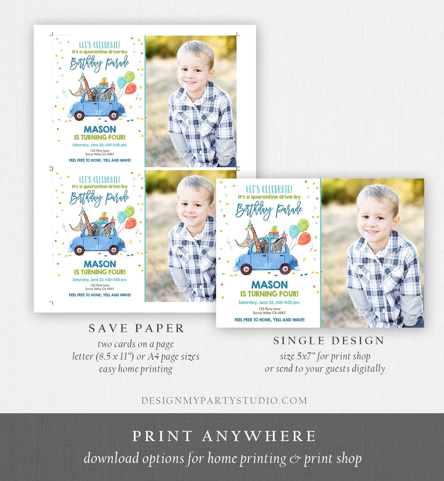 Editable Drive By Birthday Parade Invitation Virtual Party Invite Honk Wave Boy Blue Car Party Animals Instant Download Digital Corjl 0333