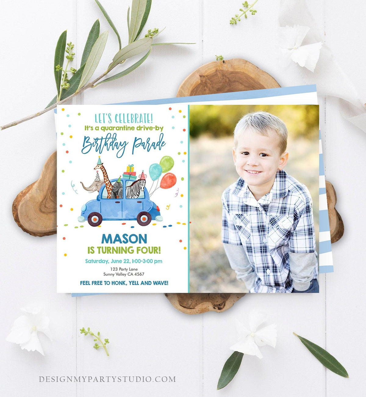 Editable Drive By Birthday Parade Invitation Virtual Party Invite Honk Wave Boy Blue Car Party Animals Instant Download Digital Corjl 0333